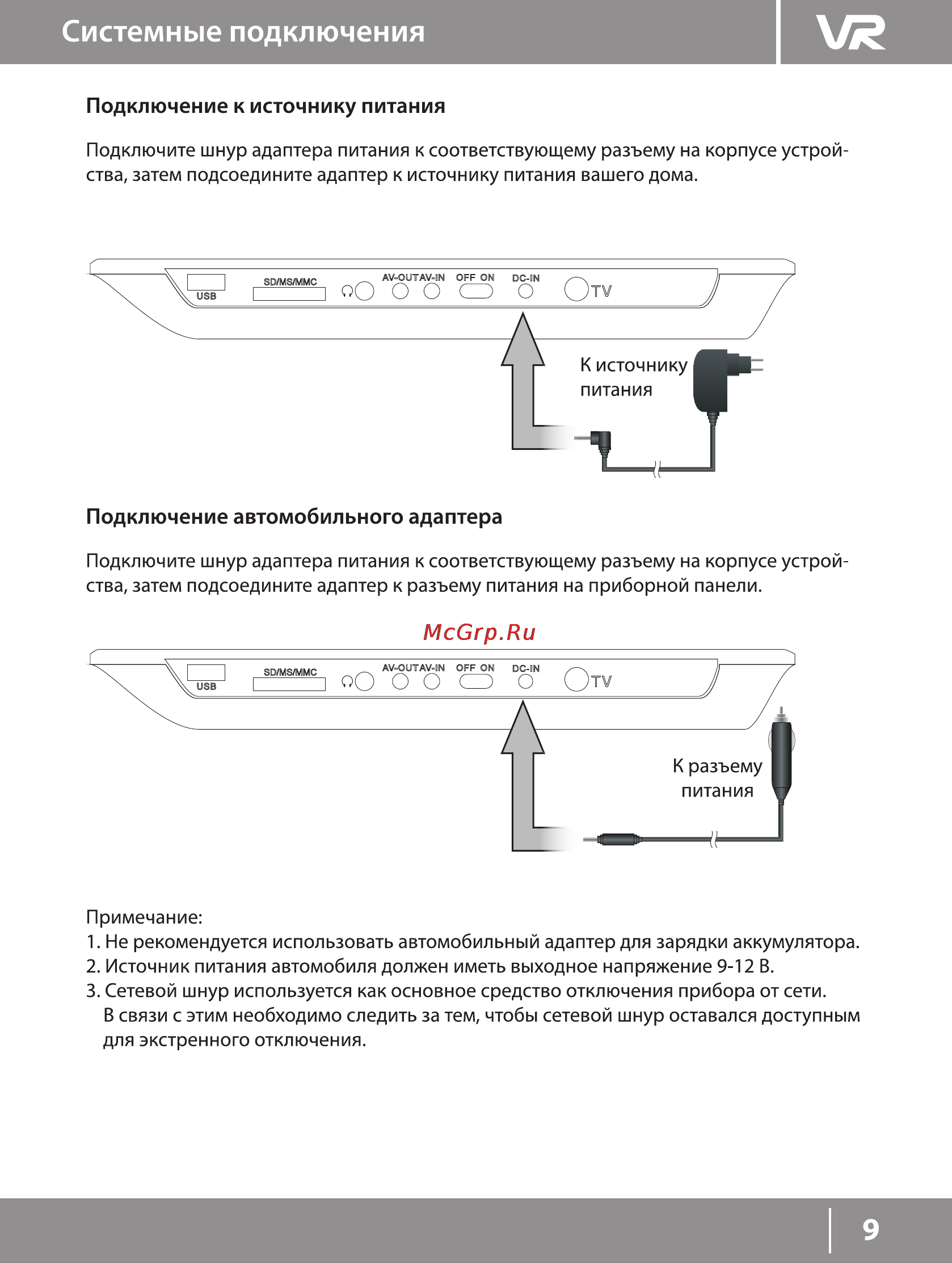 VR PDV-T103AV [9/22] Системные подключения