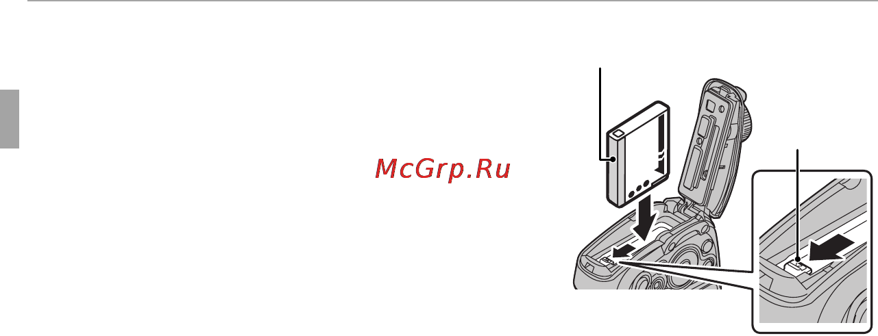 Fujifilm FinePix XP200 [26/142] Вставьте батарею совместите оранжевую полоску на батарее с оранжевой защелкой батареи и вставьте батарею в фотокамеру надавливая защелку с одной стороны проверьте чтобы батарея была надежно закреплена
