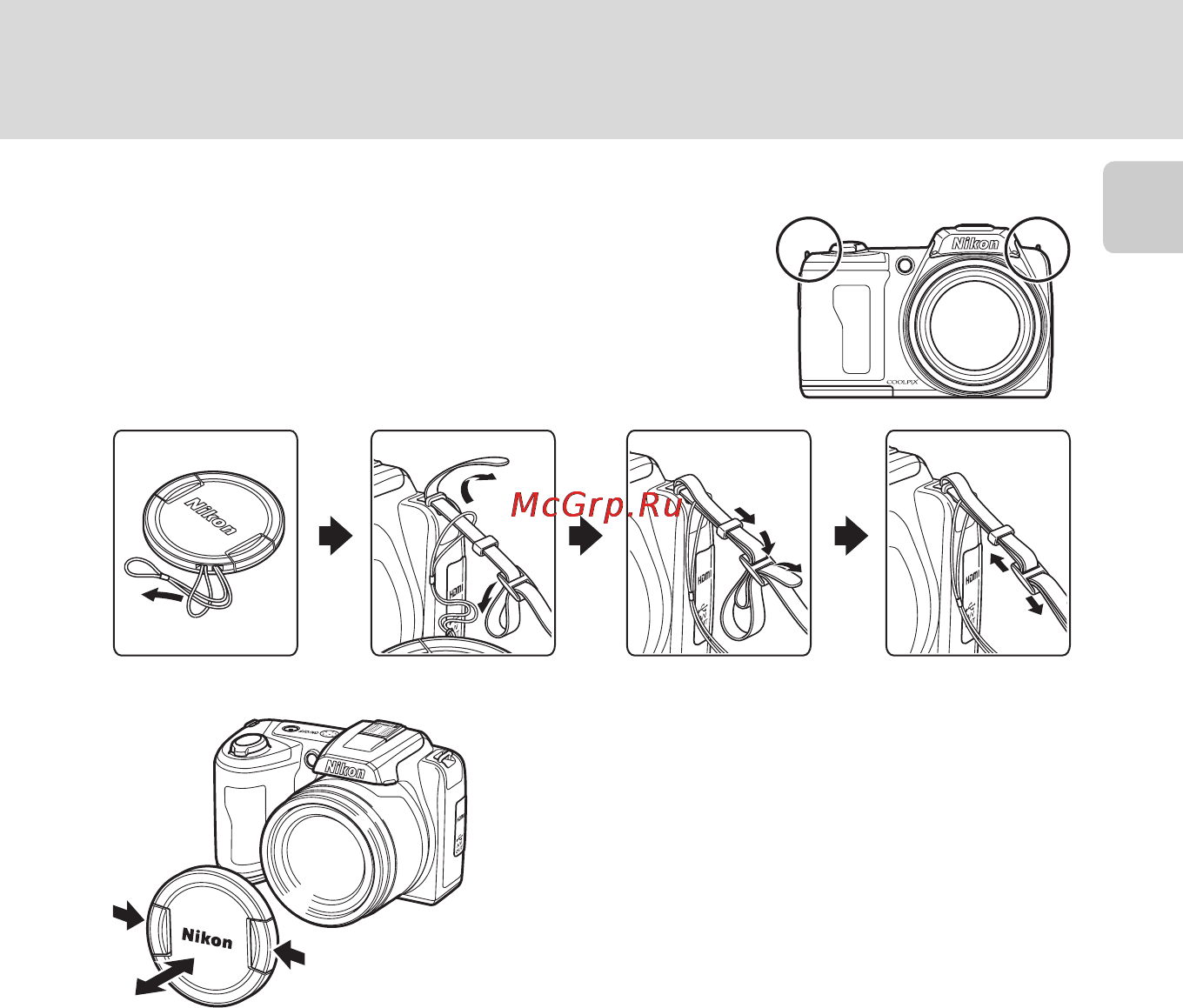 Nikon COOLPIX L110 [19/156] Прикрепление ремня фотокамеры и крышки объектива
