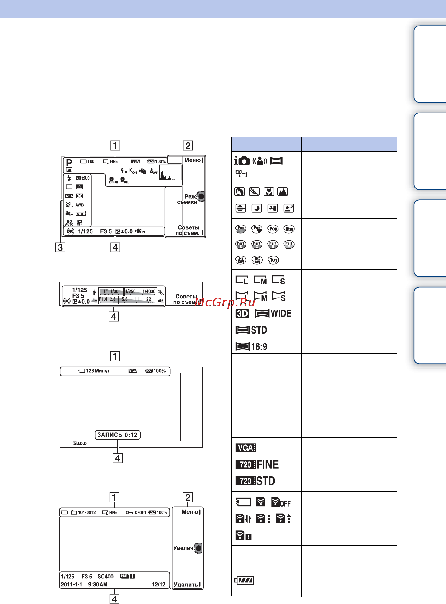 Sony NEX-C3 [15/178] Список значков появляющихся на экране