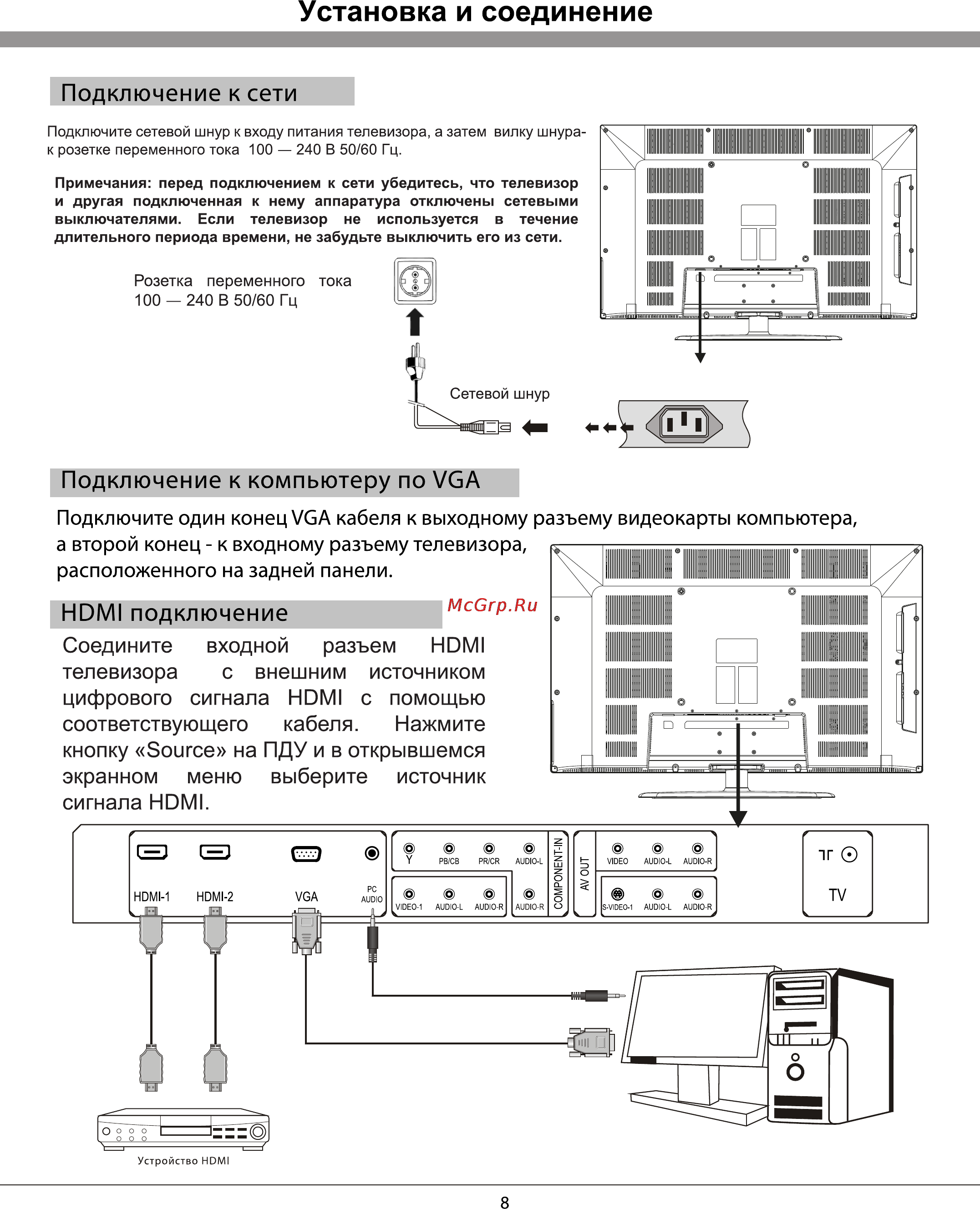 Rolsen RL-42B05F [8/29] Установка и соединение