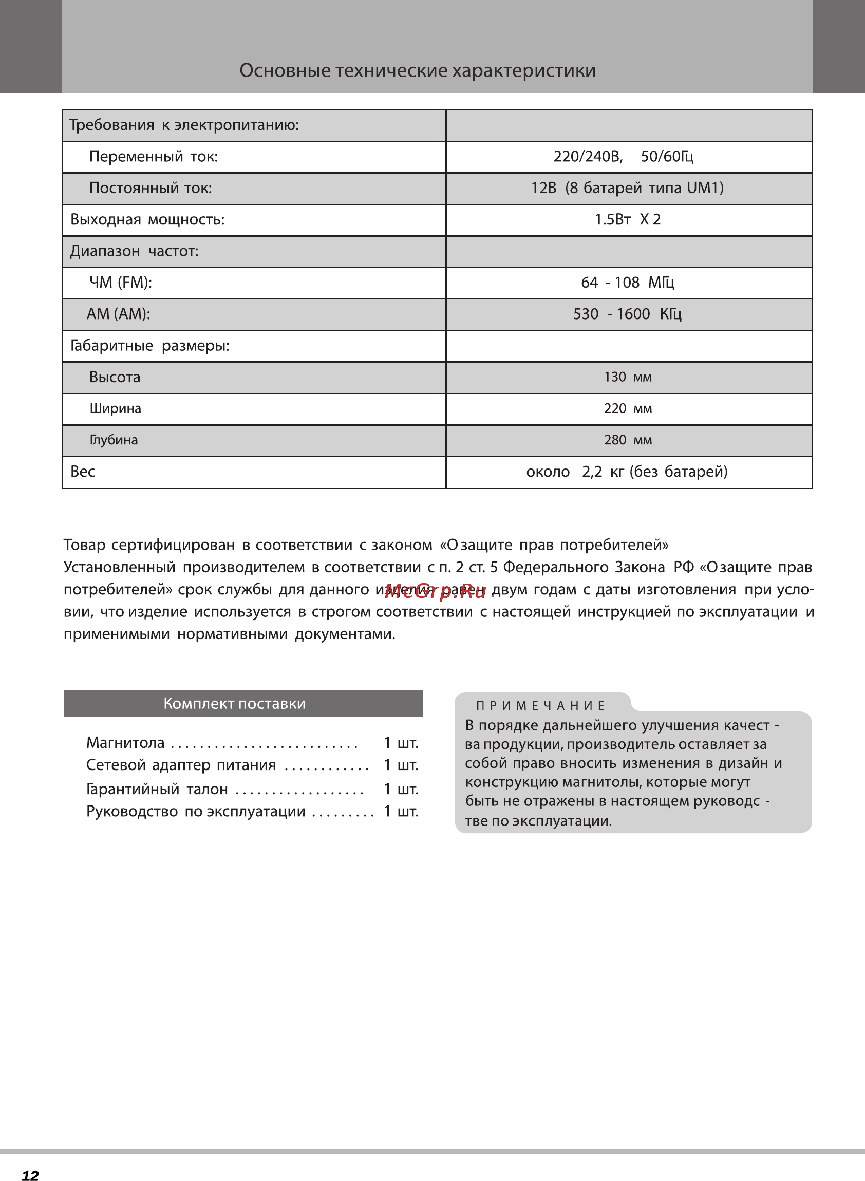 Rolsen RBM-112 [12/12] Основные технические характеристики
