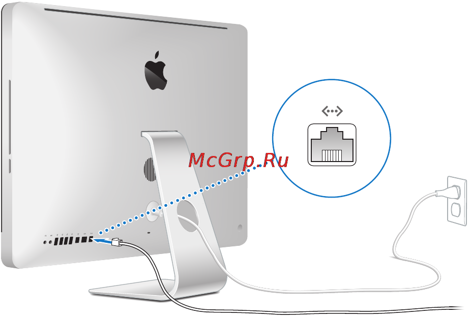Apple iMac 27 i5 3.4/16GB/GTX780M/3TB HDD (Z0PG00CM1) [11/80] Шаг 2 для доступа к интернету или сети подсоедините один конец кабеля ethernet к порту ethernet на компьютере imac другой конец подсоедините к кабельному модему dsl модему или сети
