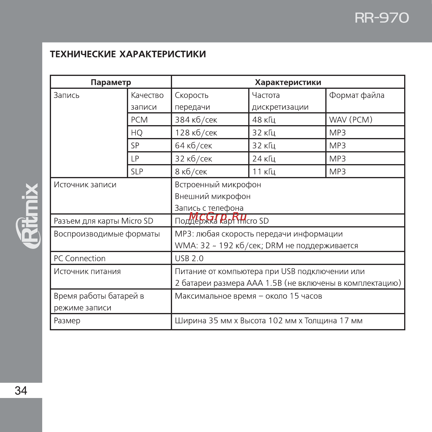 Ritmix RR-970 Инструкция по эксплуатации онлайн [34/36] 92888