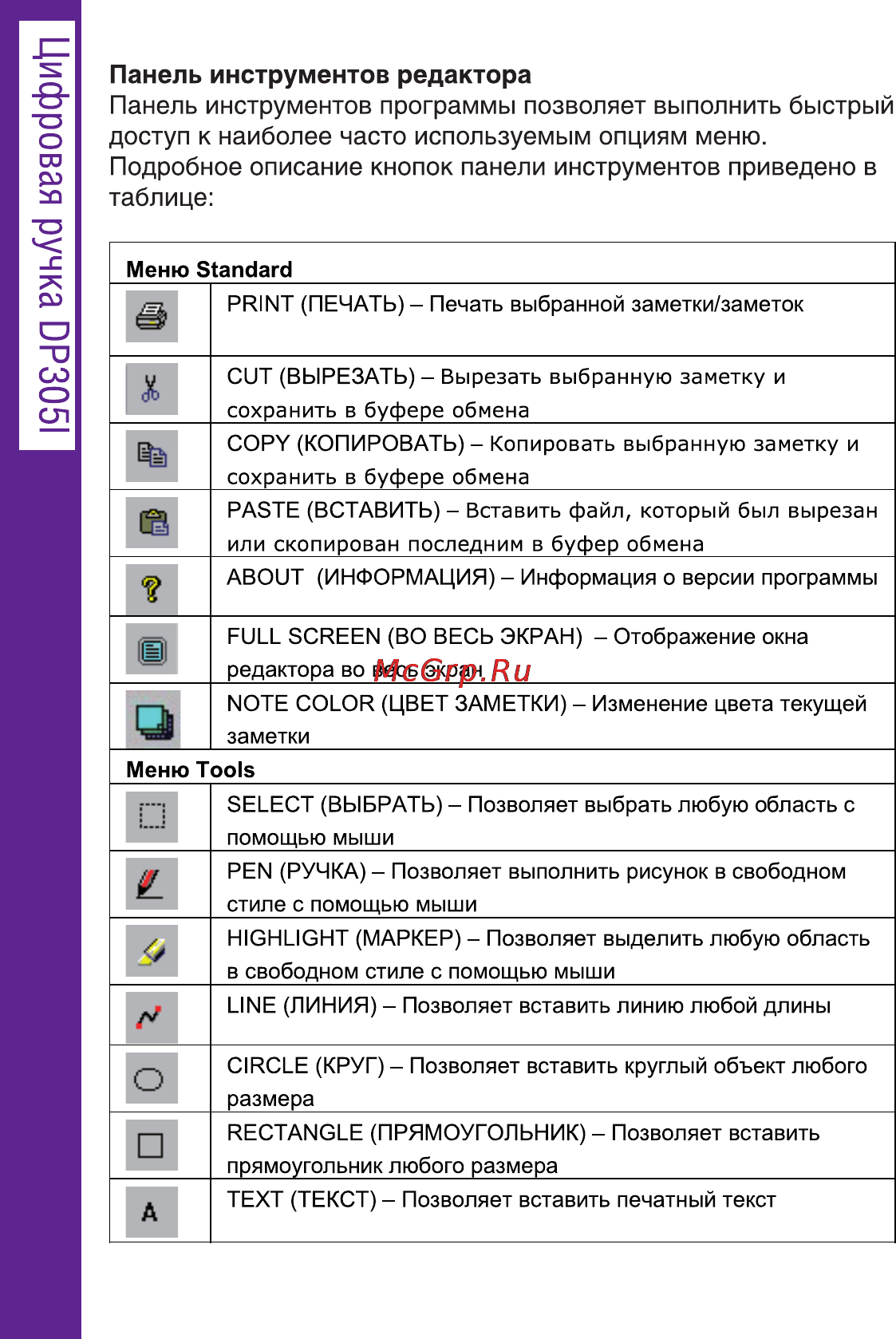 Ritmix DP-305I [44/66] Панель инструментов редактора панель инструментов программы позволяет выполнить быстрый доступ к наиболее часто используемым опциям меню подробное описание кнопок панели инструментов приведено в таблице