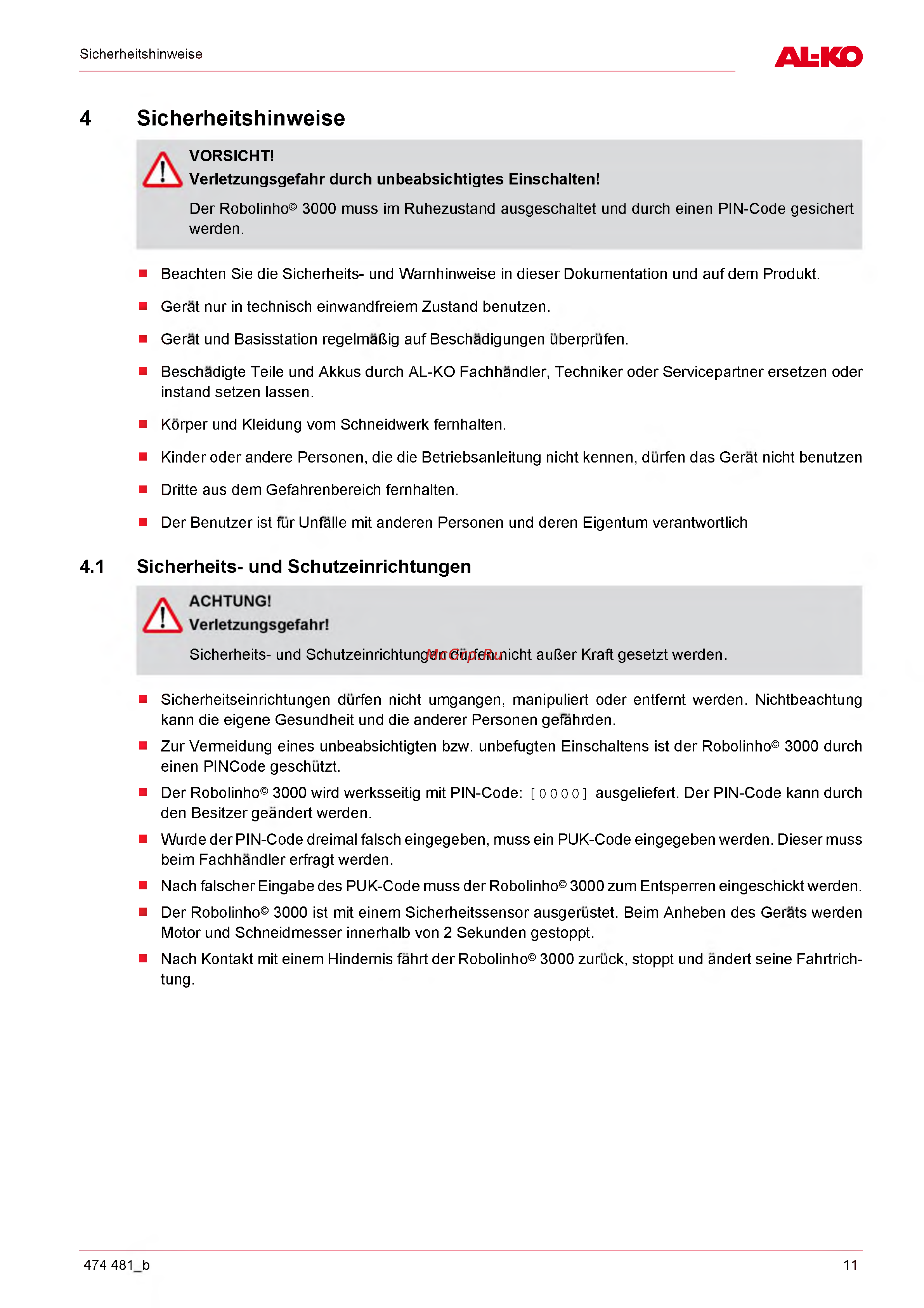 Al-Ko Robolinho 3000 [11/88] Sicherheitshinweise