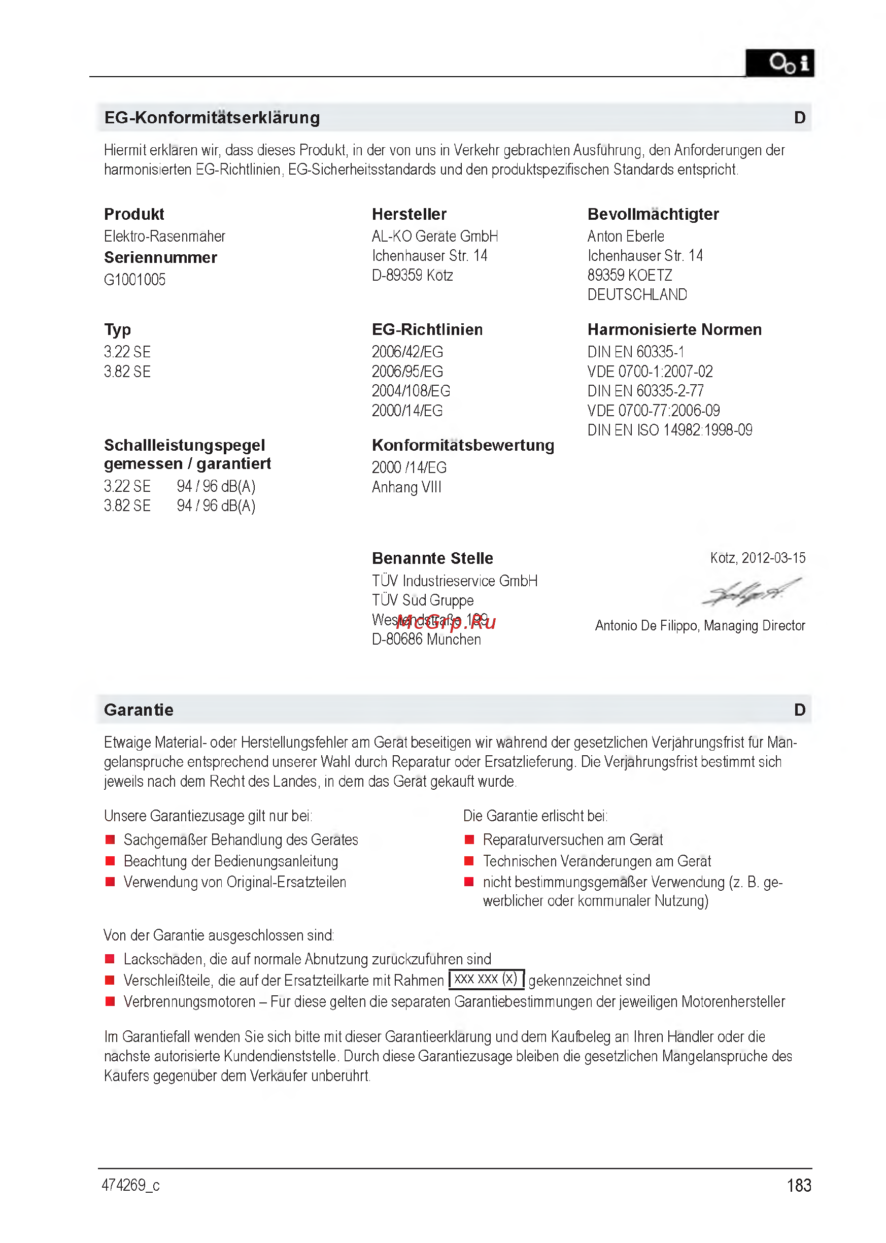 Al-Ko Classic 3.82 SE [183/212] Benannte stelle