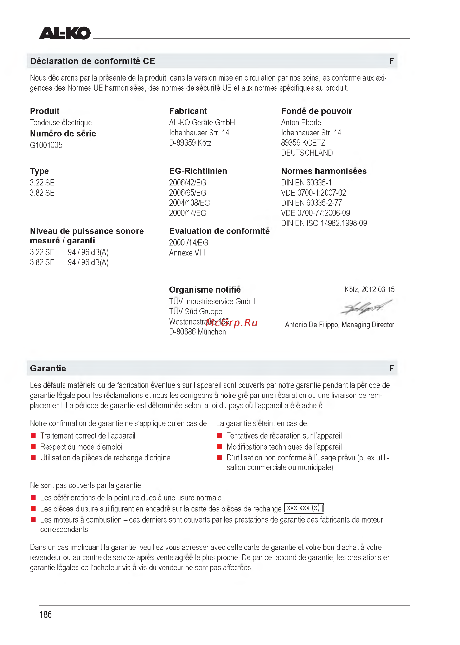 Al-Ko 3.82 SE (112856) [186/212] D eclaration de conform ite ce f