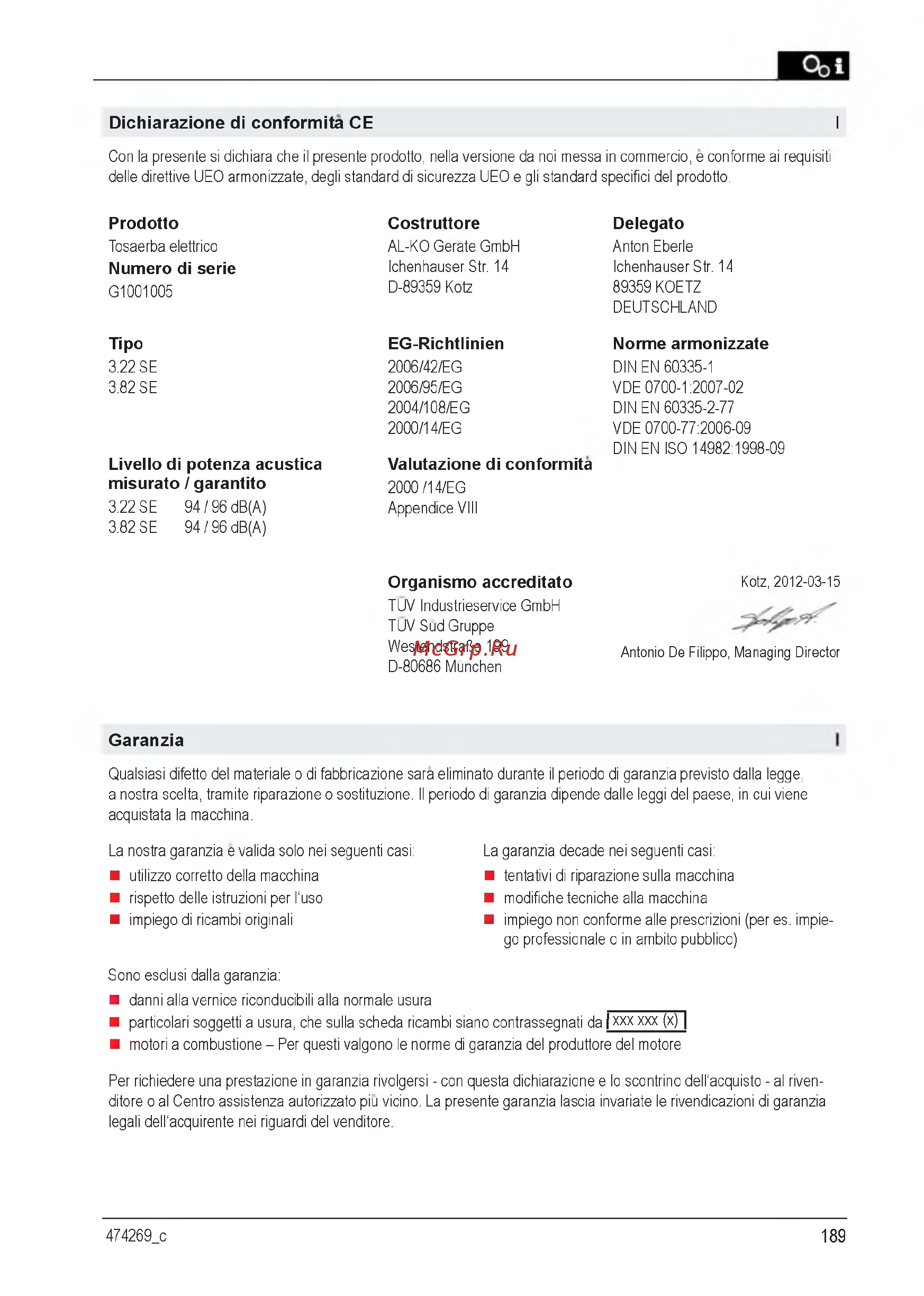 Al-Ko 112856 Classic 3.82 SE [189/212] Costruttore
