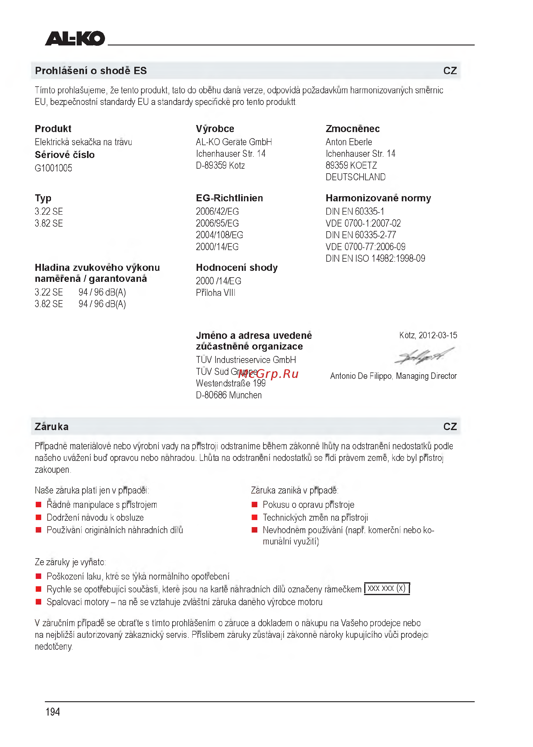 Al-Ko 112805 Classic 3.22 SE [194/212] Eg richtlinien