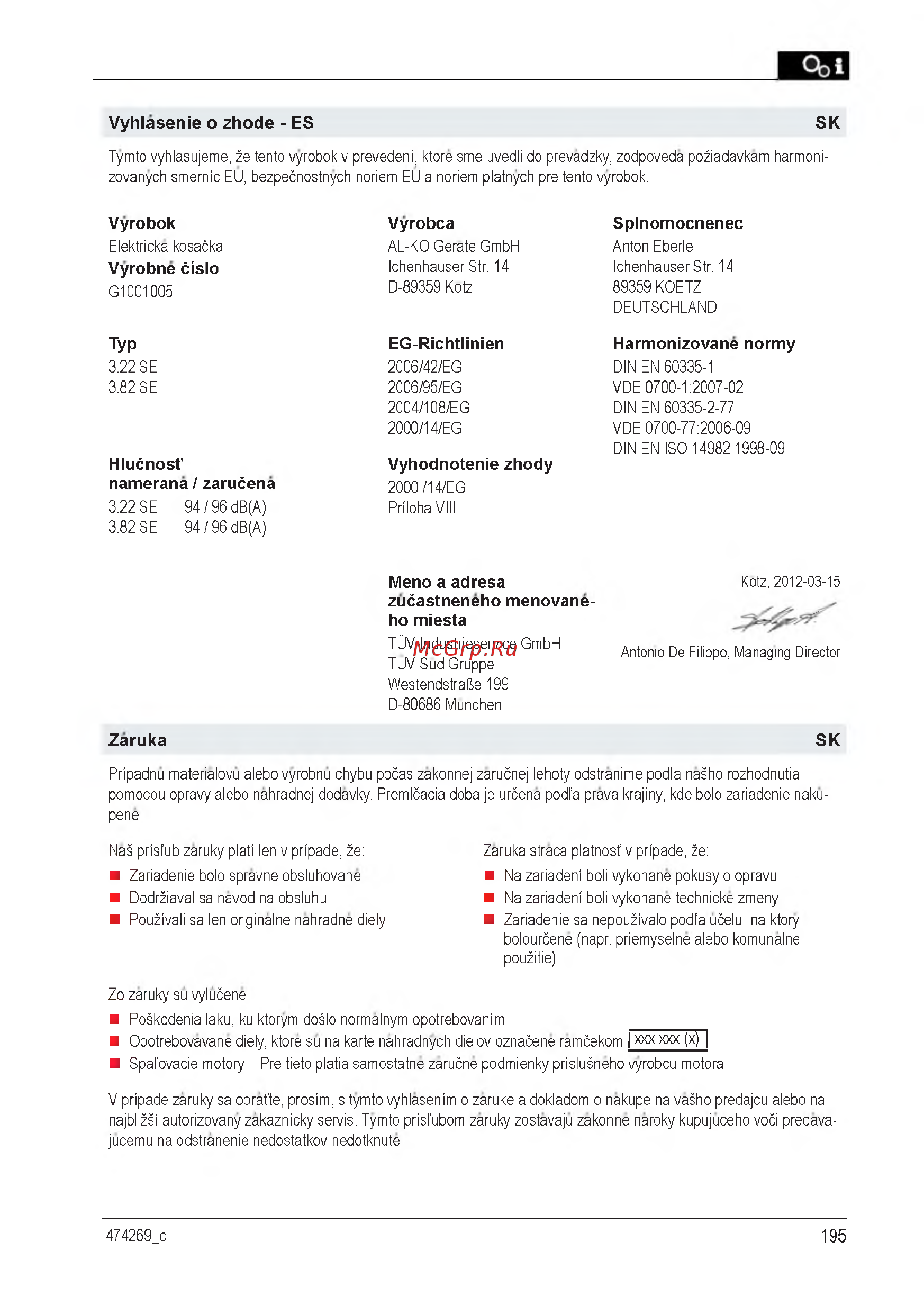 Al-Ko 112856 Classic 3.82 SE [195/212] Eg richtlinien