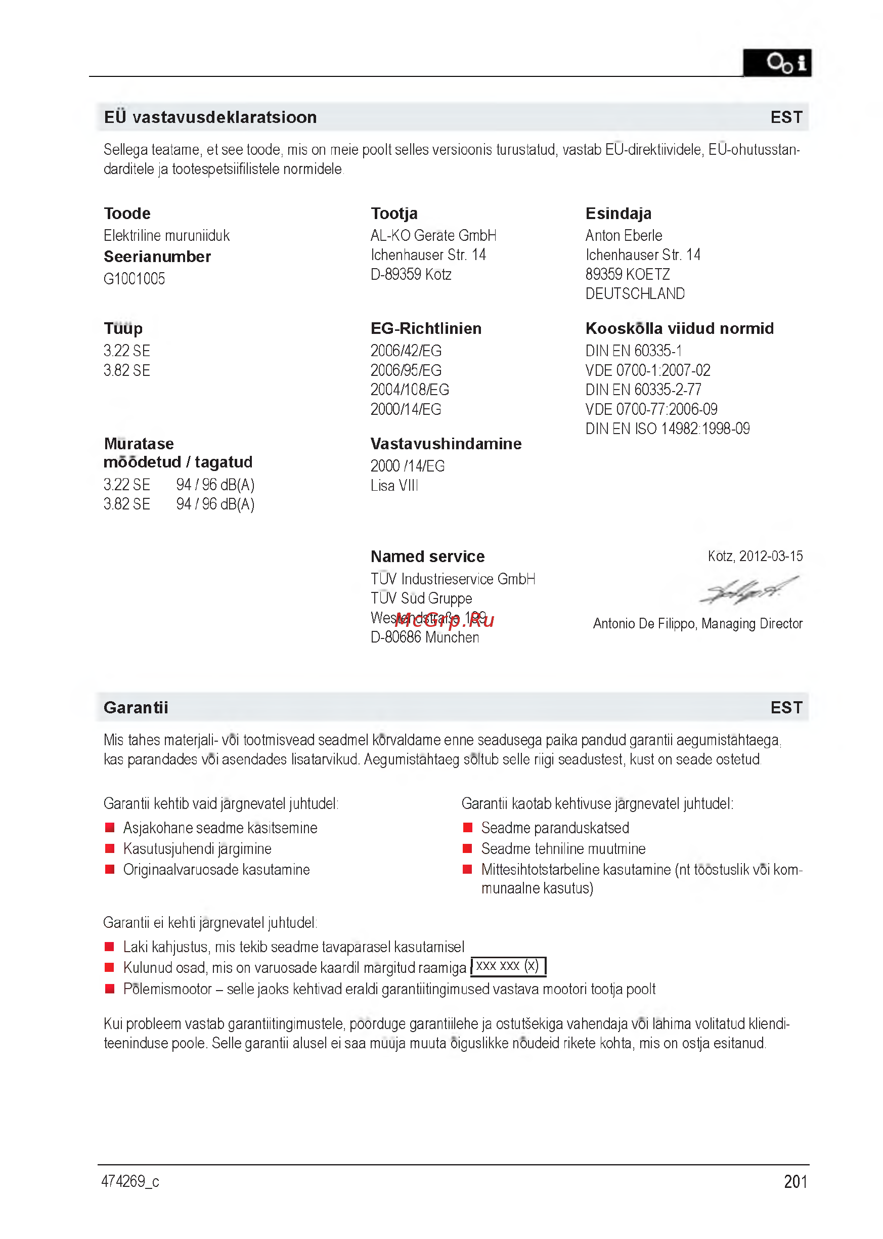 Al-Ko Classic 3.22 SE [201/212] Eg richtlinien
