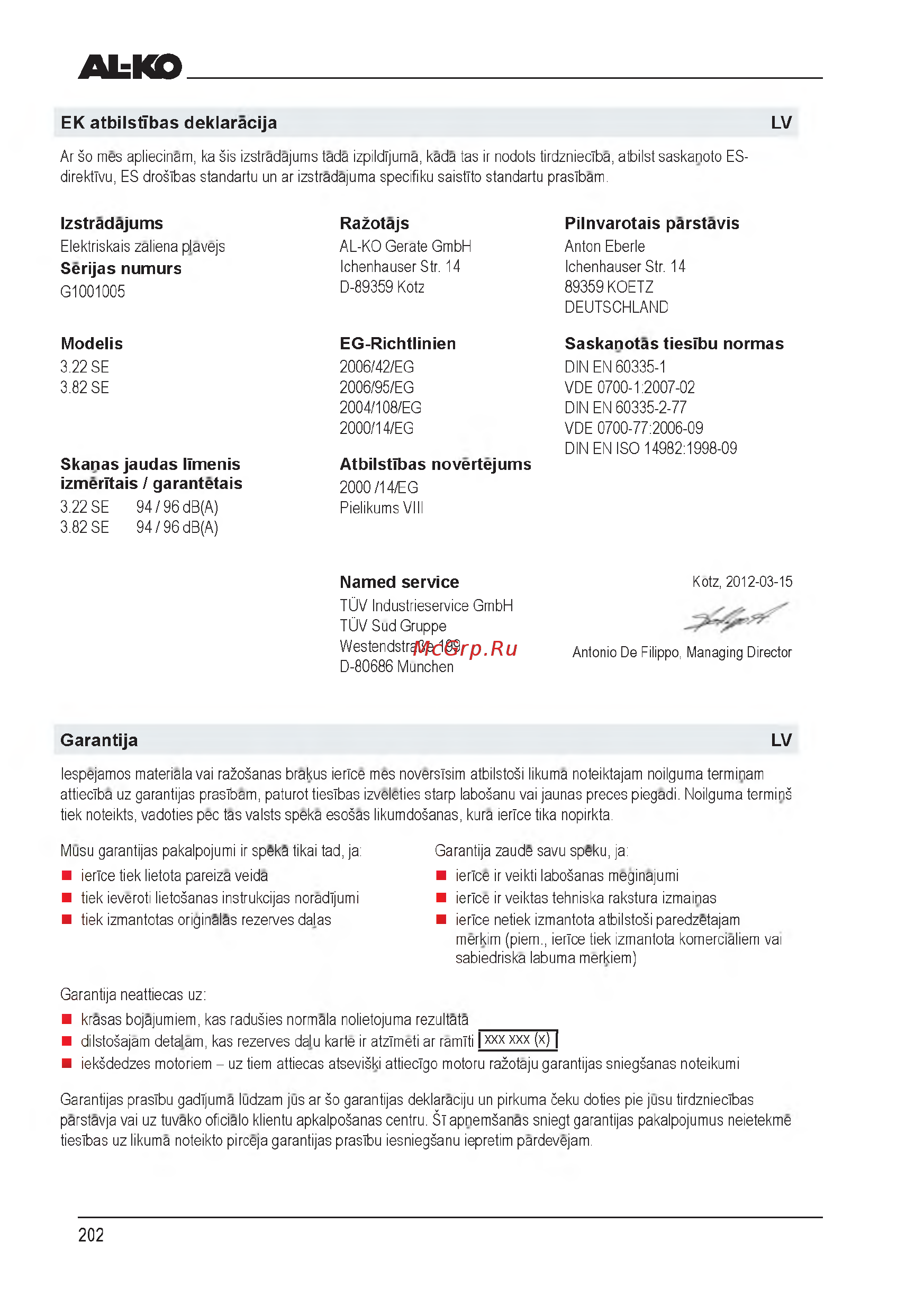 Al-Ko Classic 3.22 SE [202/212] Atbilsttbas novertejums