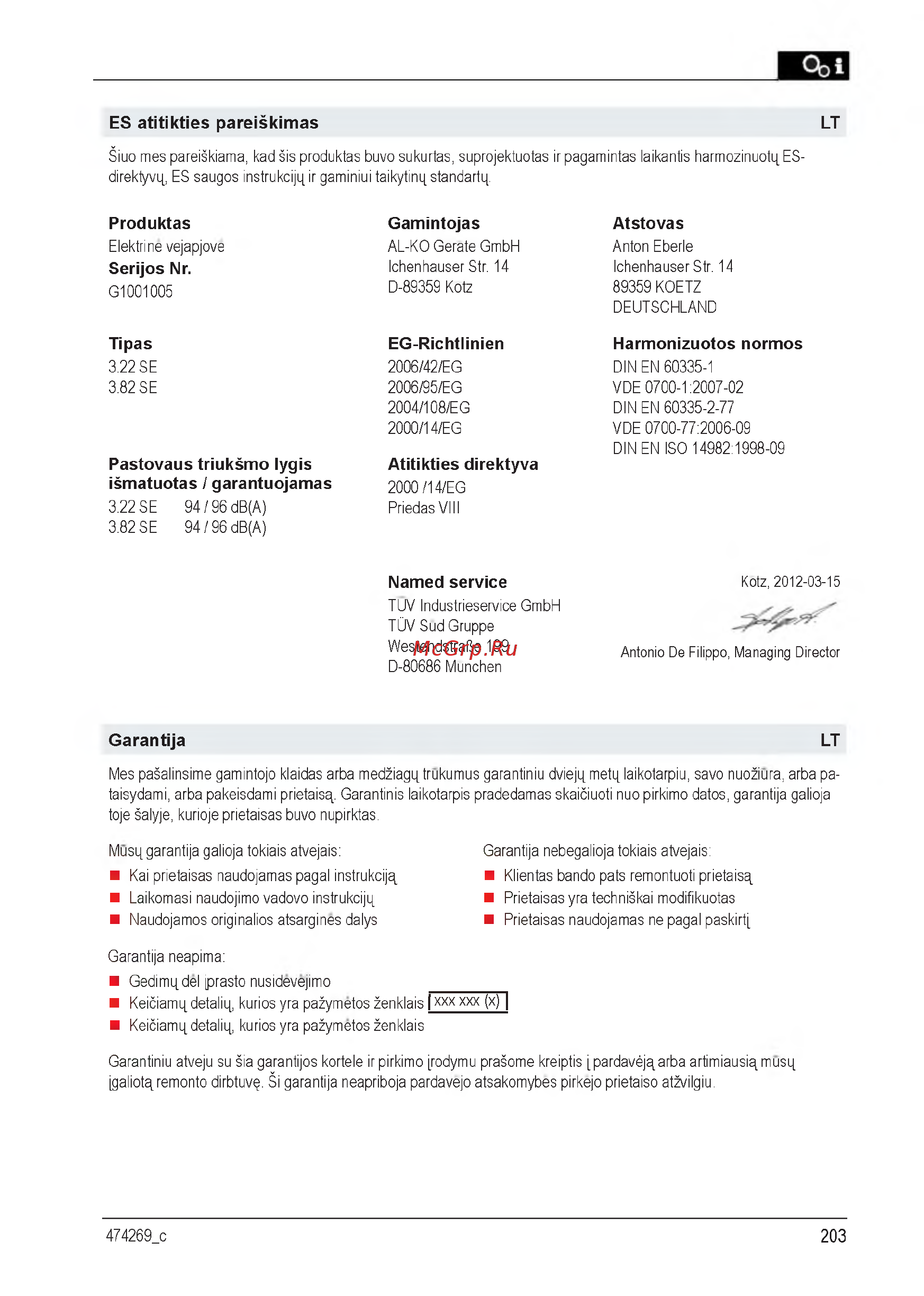 Al-Ko 112856 Classic 3.82 SE [203/212] Atitikties direktyva
