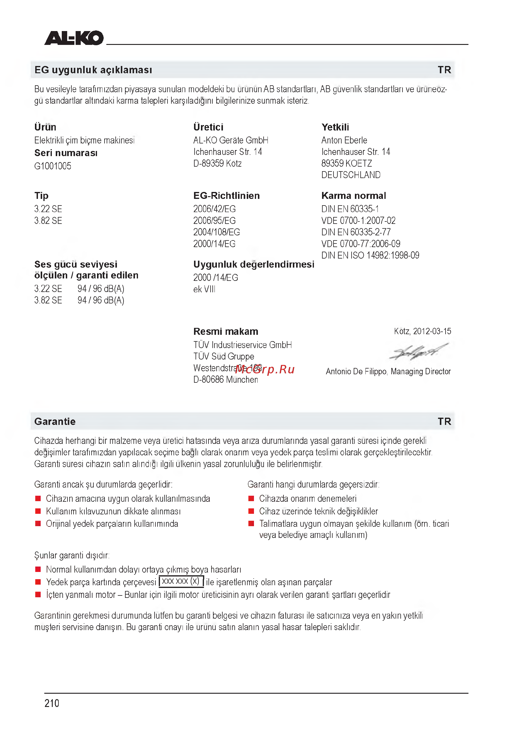 Al-Ko 112856 Classic 3.82 SE [210/212] Eg uygunluk agiklam asi tr