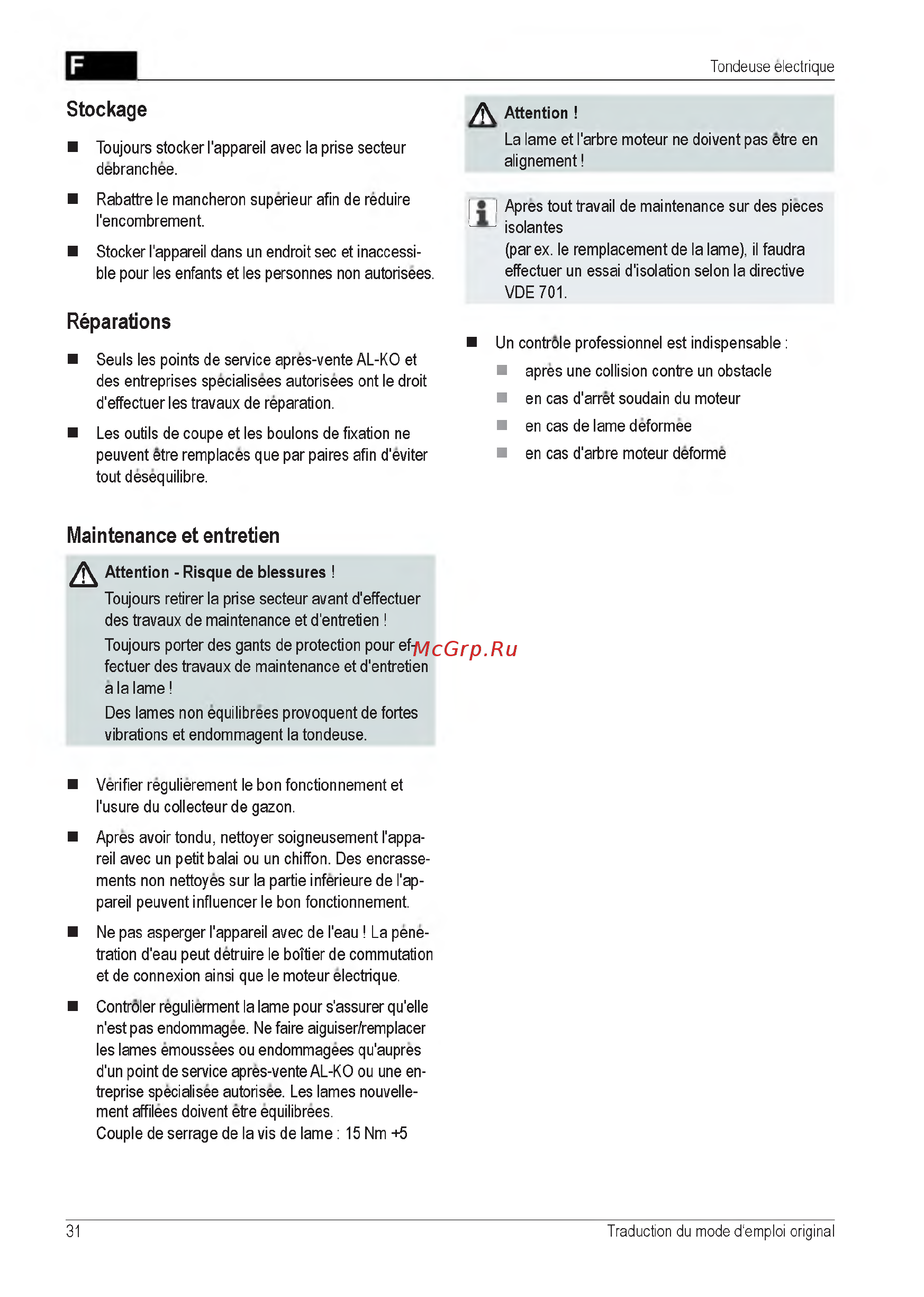 Al-Ko Classic 3.82 SE [31/212] Maintenance et entretien