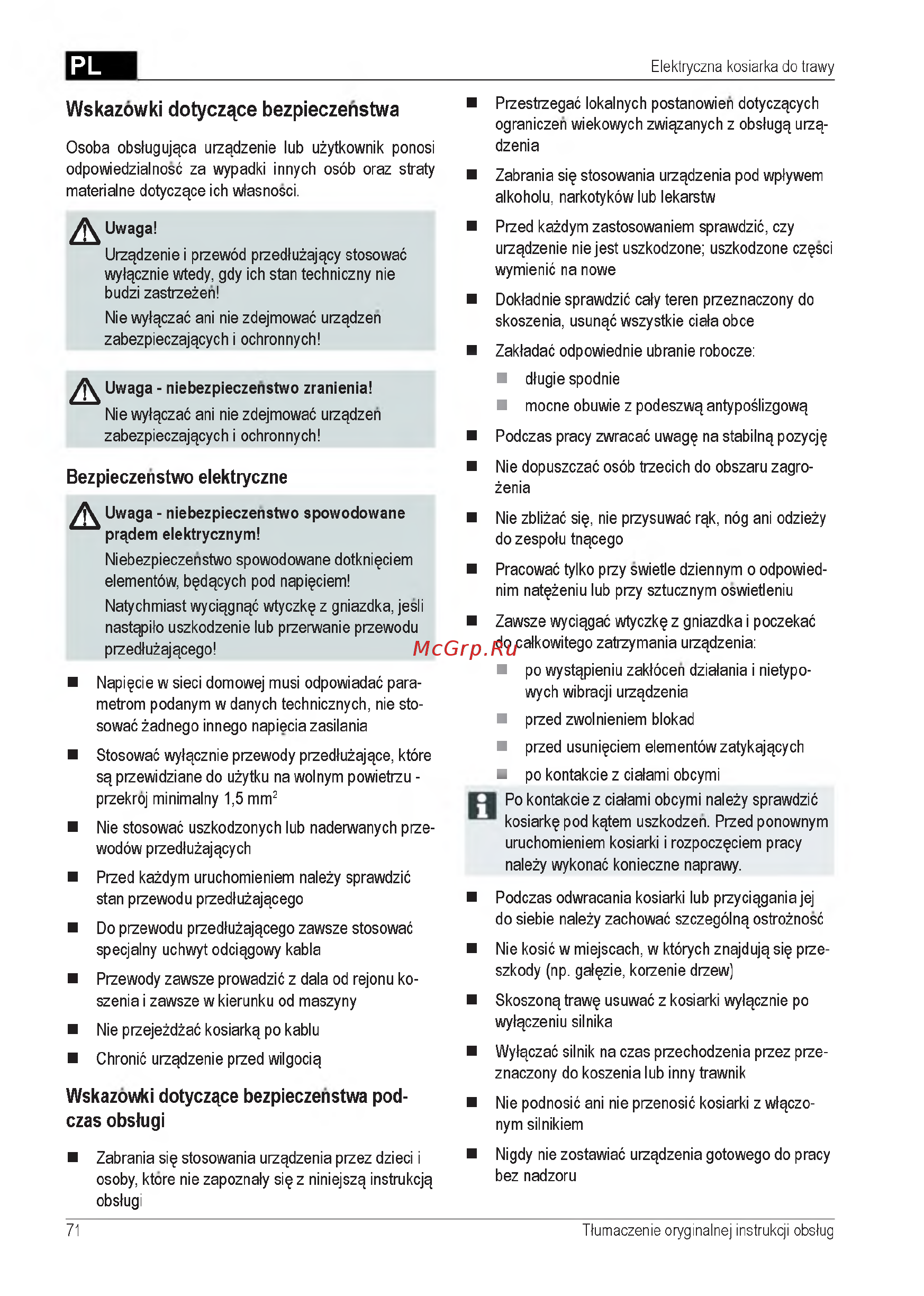 Al-Ko Classic 3.22 SE [71/212] Wskazowki dotycz ce bezpieczenstwa