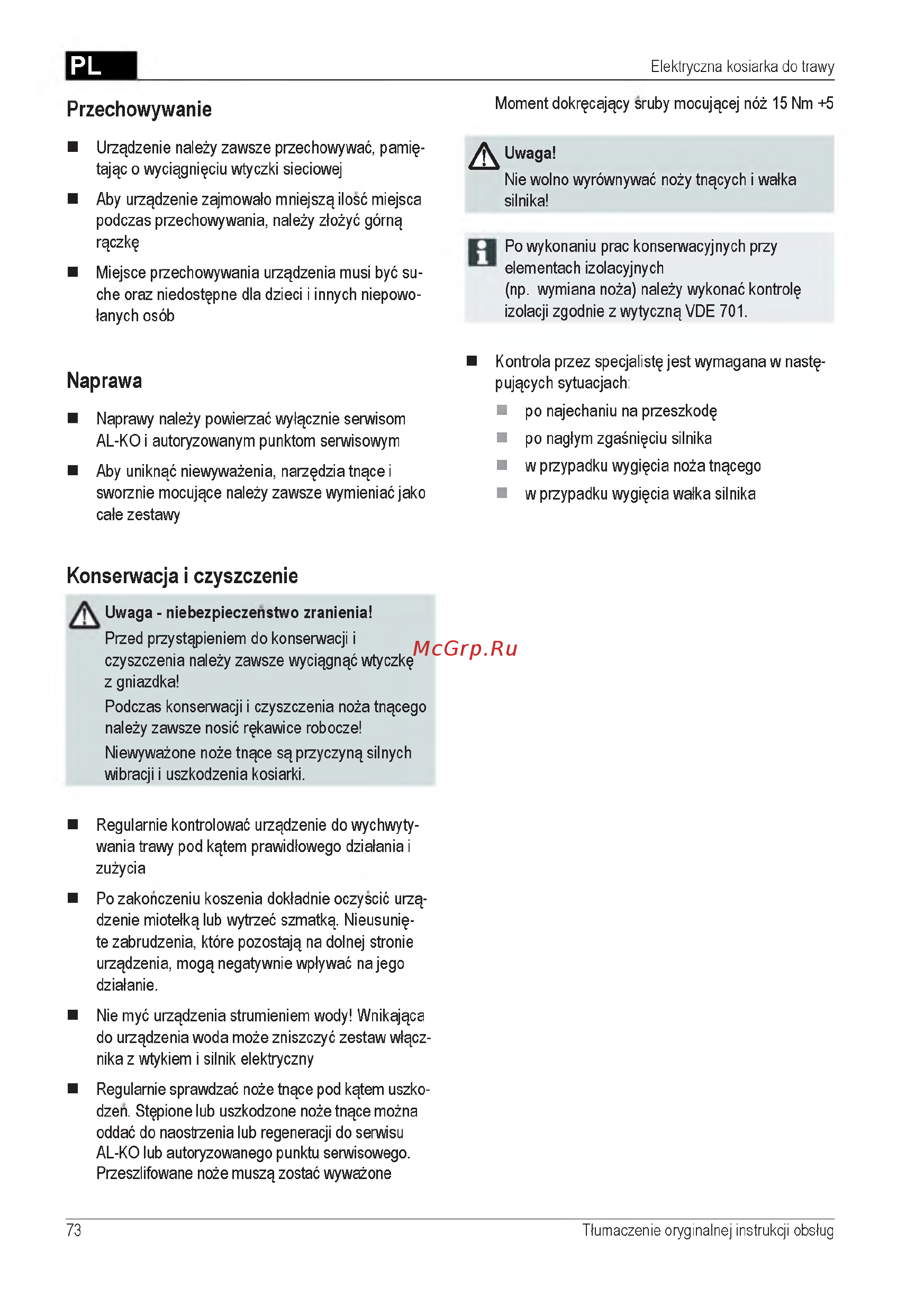 Al-Ko 112856 Classic 3.82 SE [73/212] Konserwacja i czyszczenie