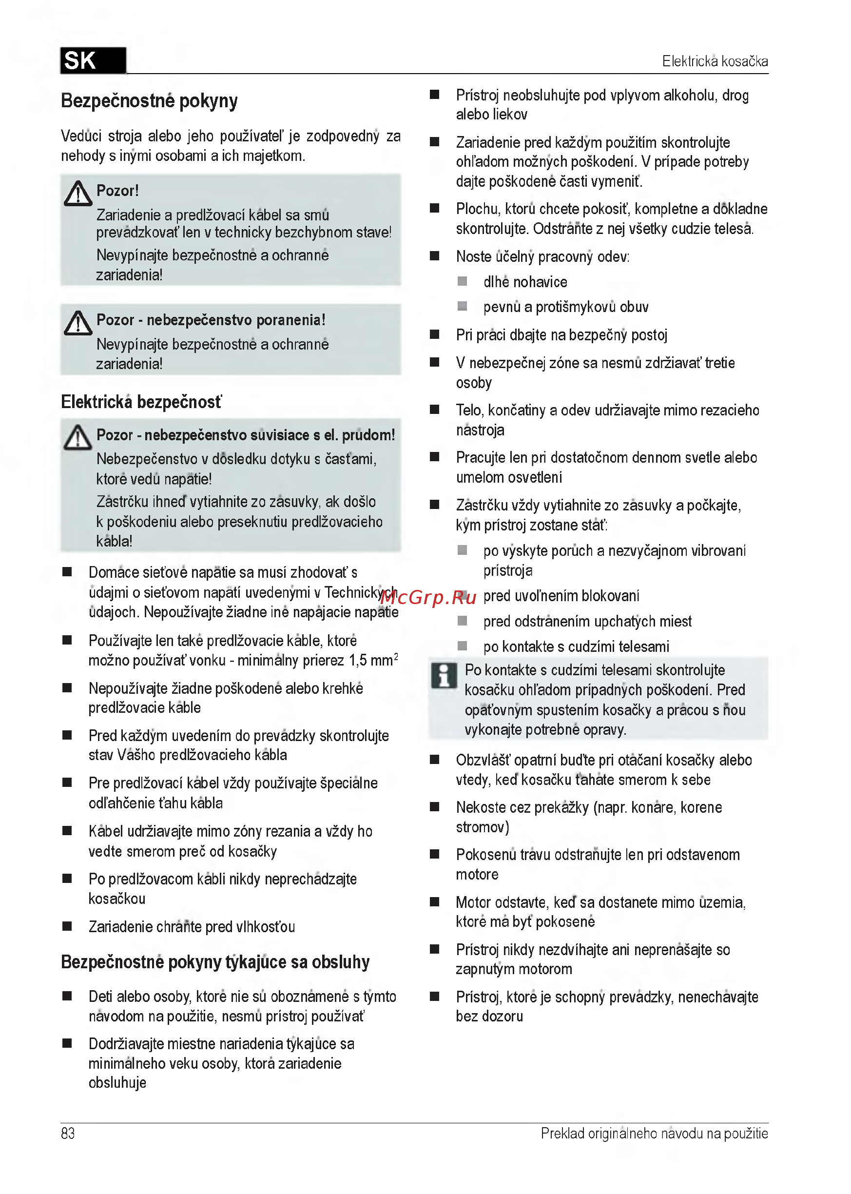 Al-Ko Classic 3.22 SE [83/212] Bezpečnostne pokyny