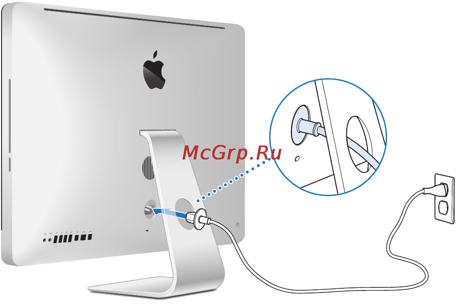 Apple iMac 27 i7 3.5/32GB/GTX780M/3TBFusion (Z0PG009LB) [10/80] Шаг 1 пропустите кабель питания через отверстие в подставке и вставьте его в разъем питания на задней панели компьютера imac после этого вставьте другой конец в розетку