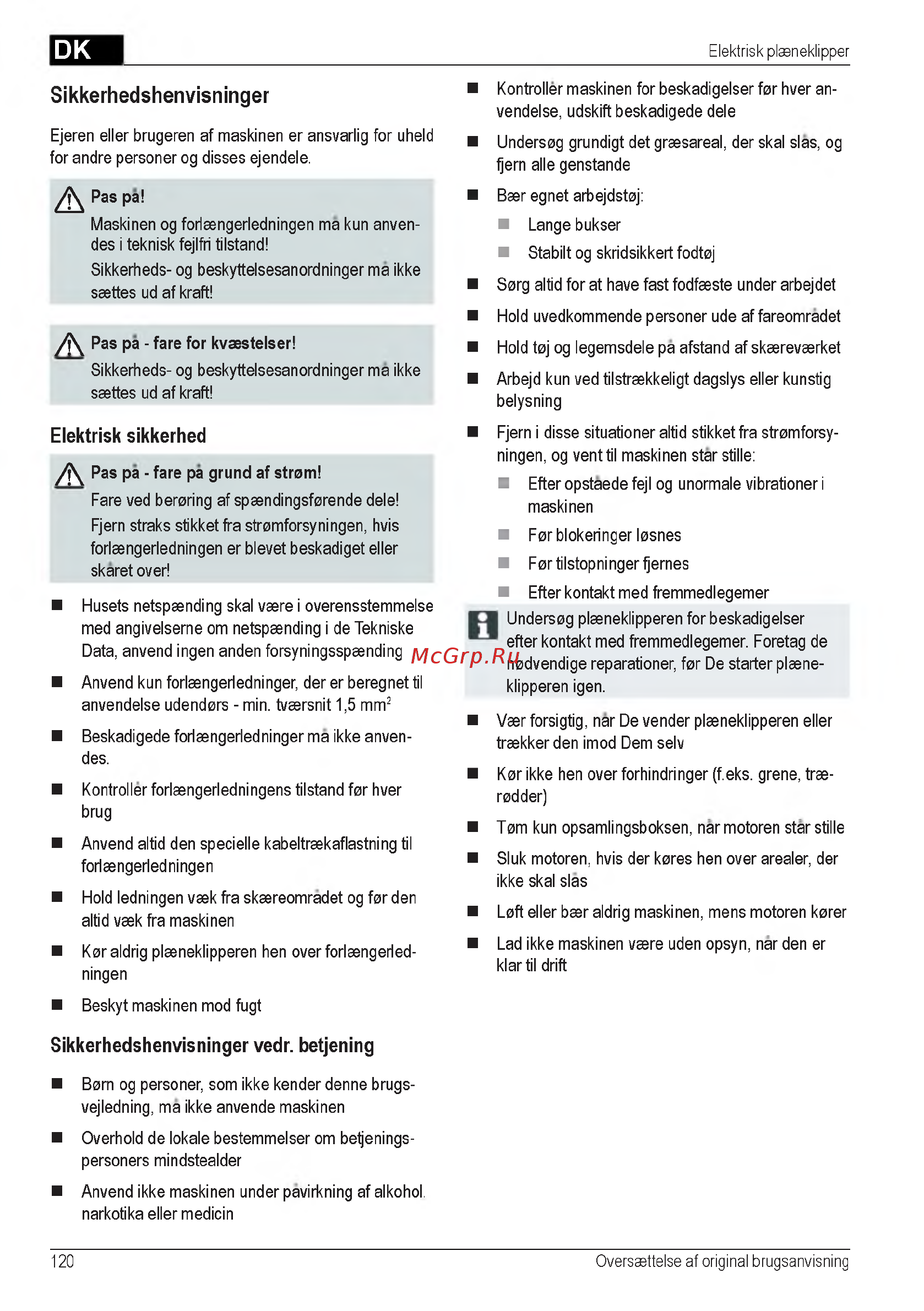 Al-Ko 40 E 112858 [120/232] Sikkerhedshenvisninger