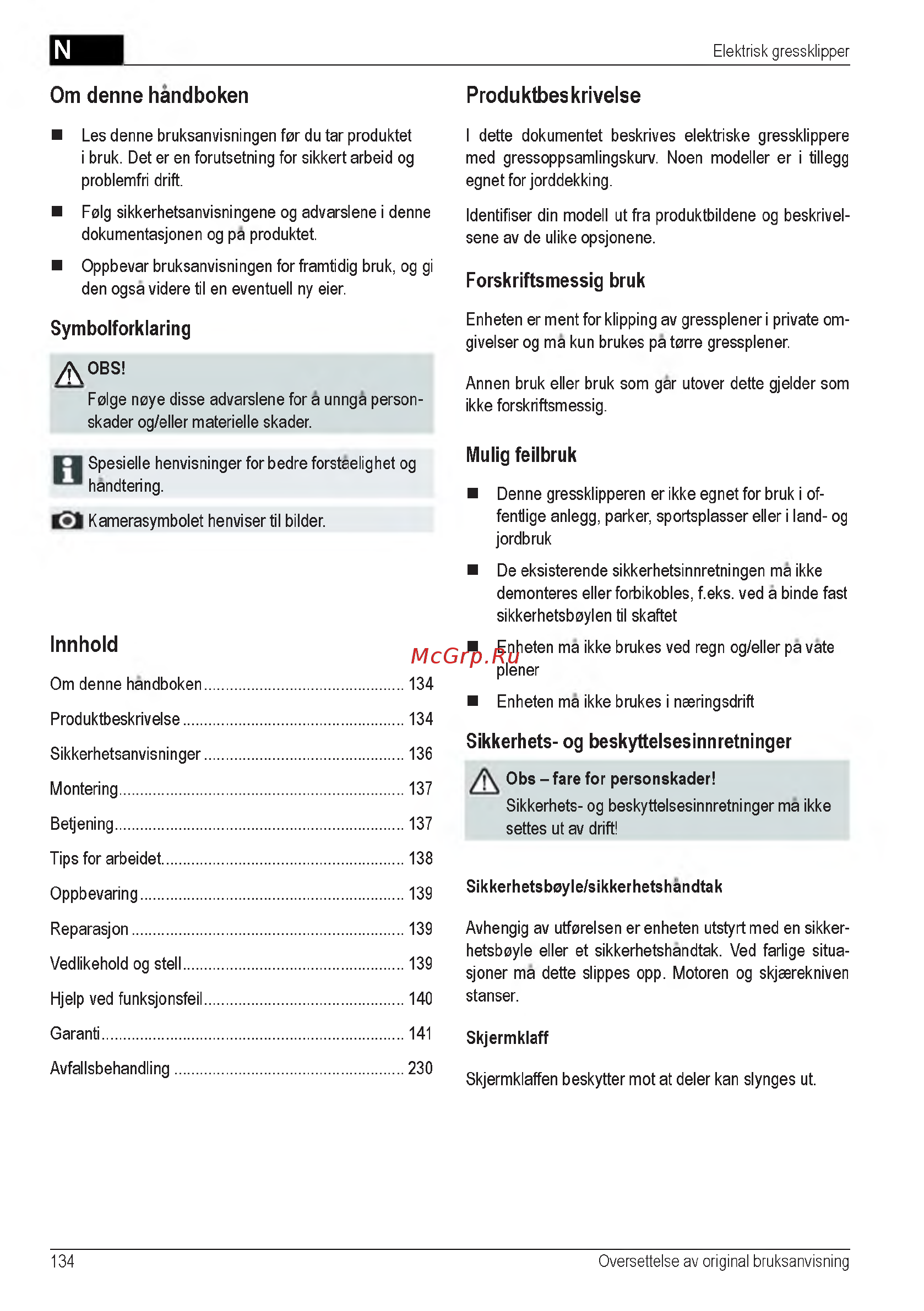 Al-Ko 40 E 112858 [134/232] Om denne handboken