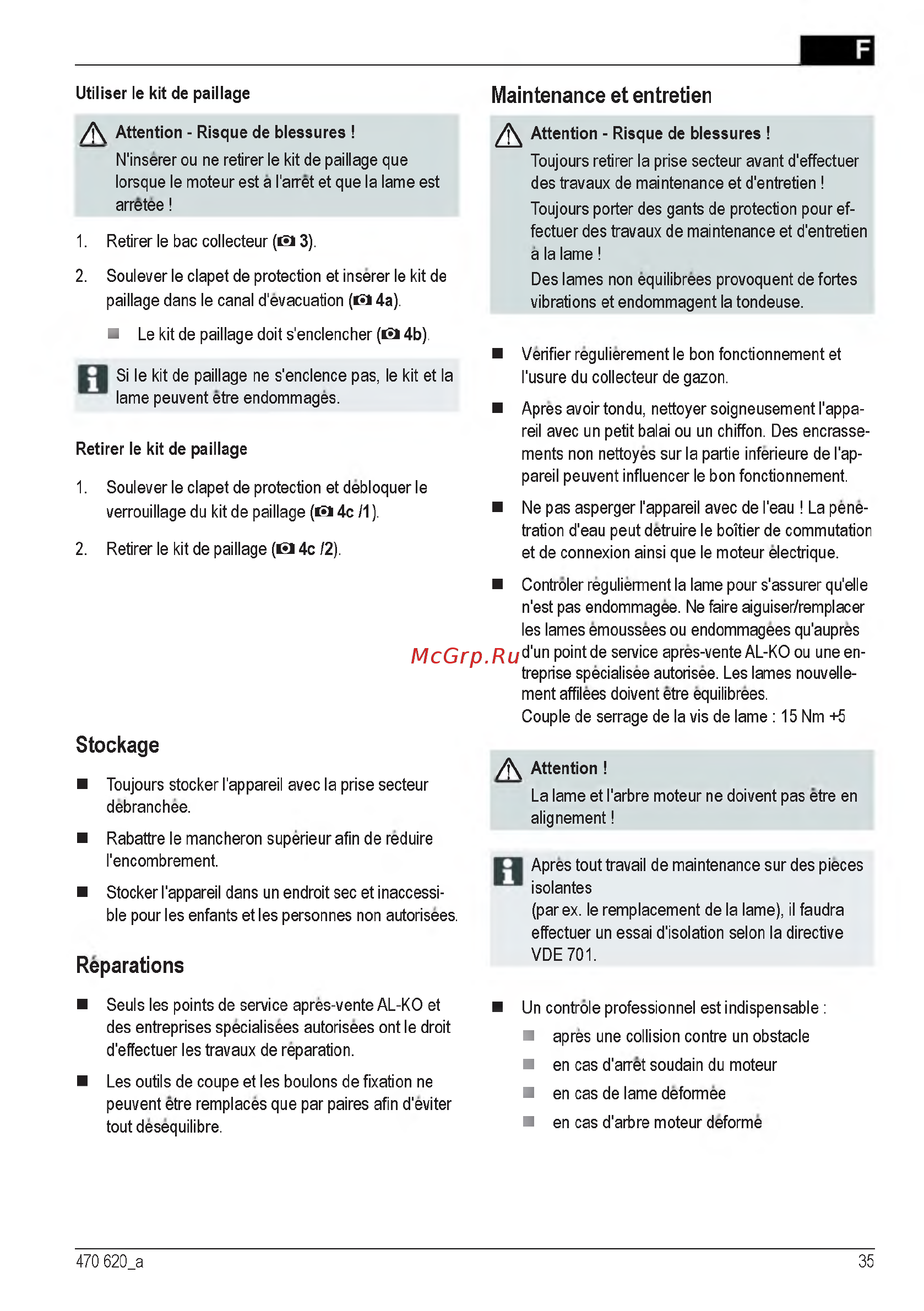 Al-Ko 40 E 112858 [35/232] Maintenance et entretien