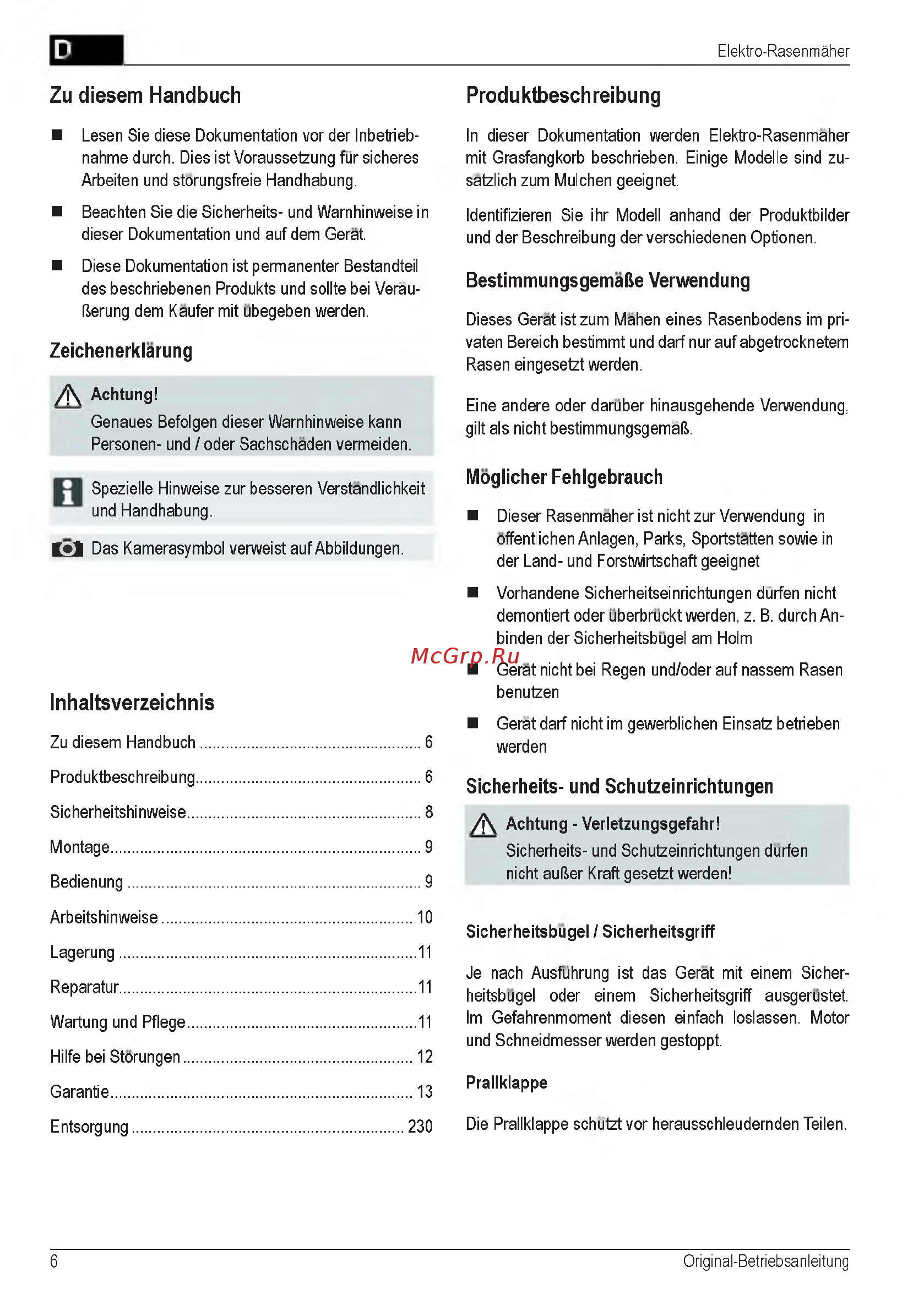 Al-Ko Comfort 40 E [6/232] Inhaltsverzeichnis