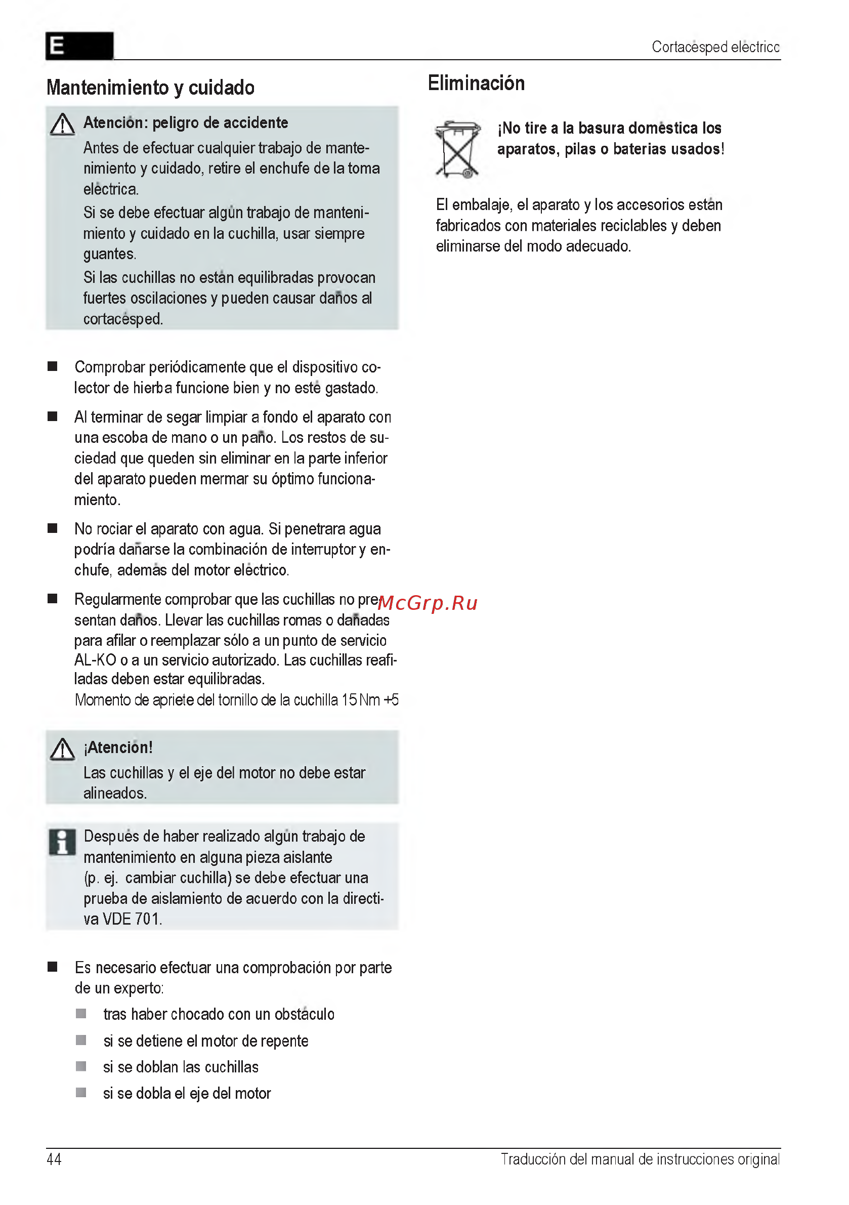 Al-Ko Powerline 4700 E [44/260] Mantenimiento y cuidado eliminacion