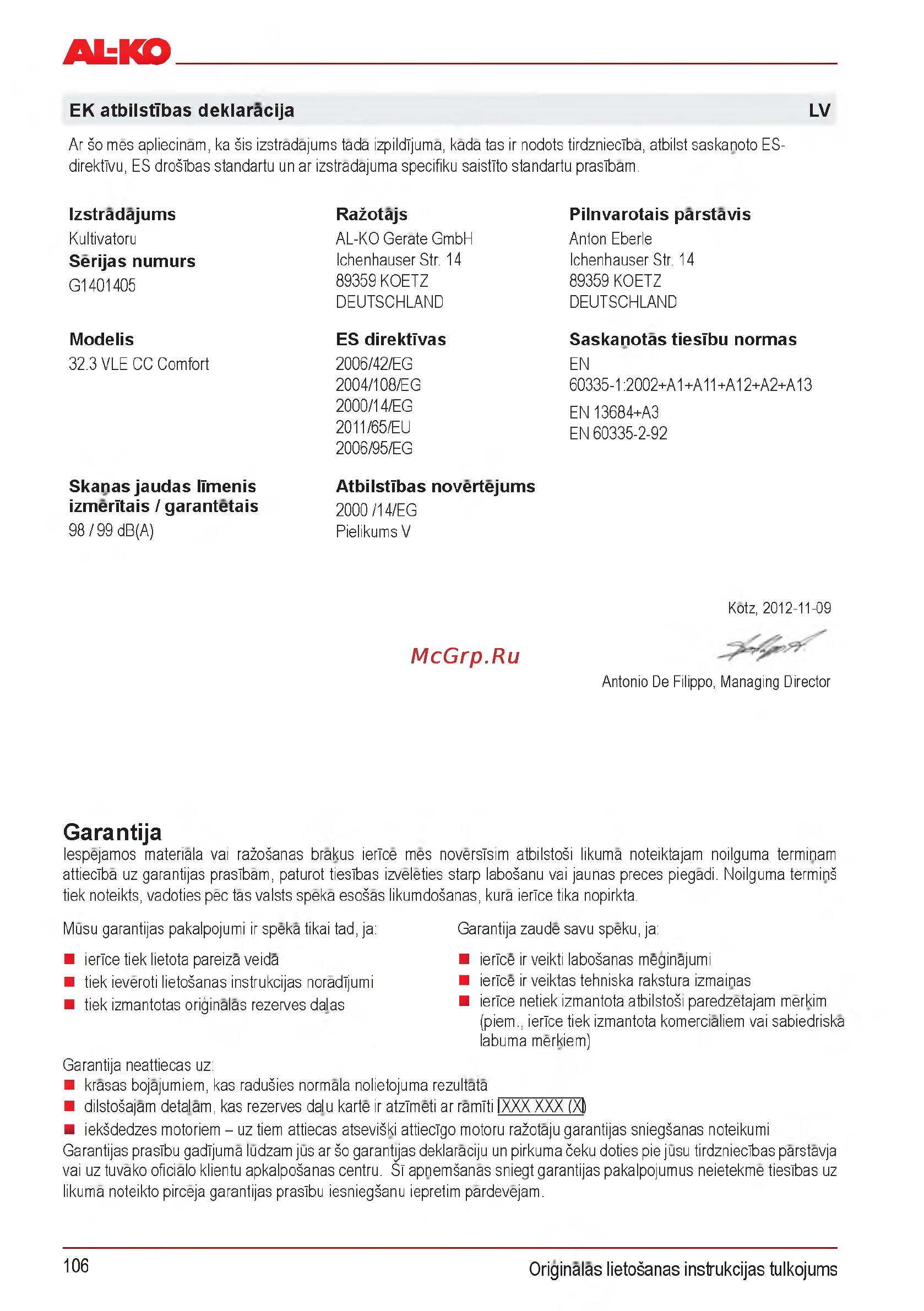 Al-Ko Combi Care 32.3 VLE Comfort [106/148] Garantija