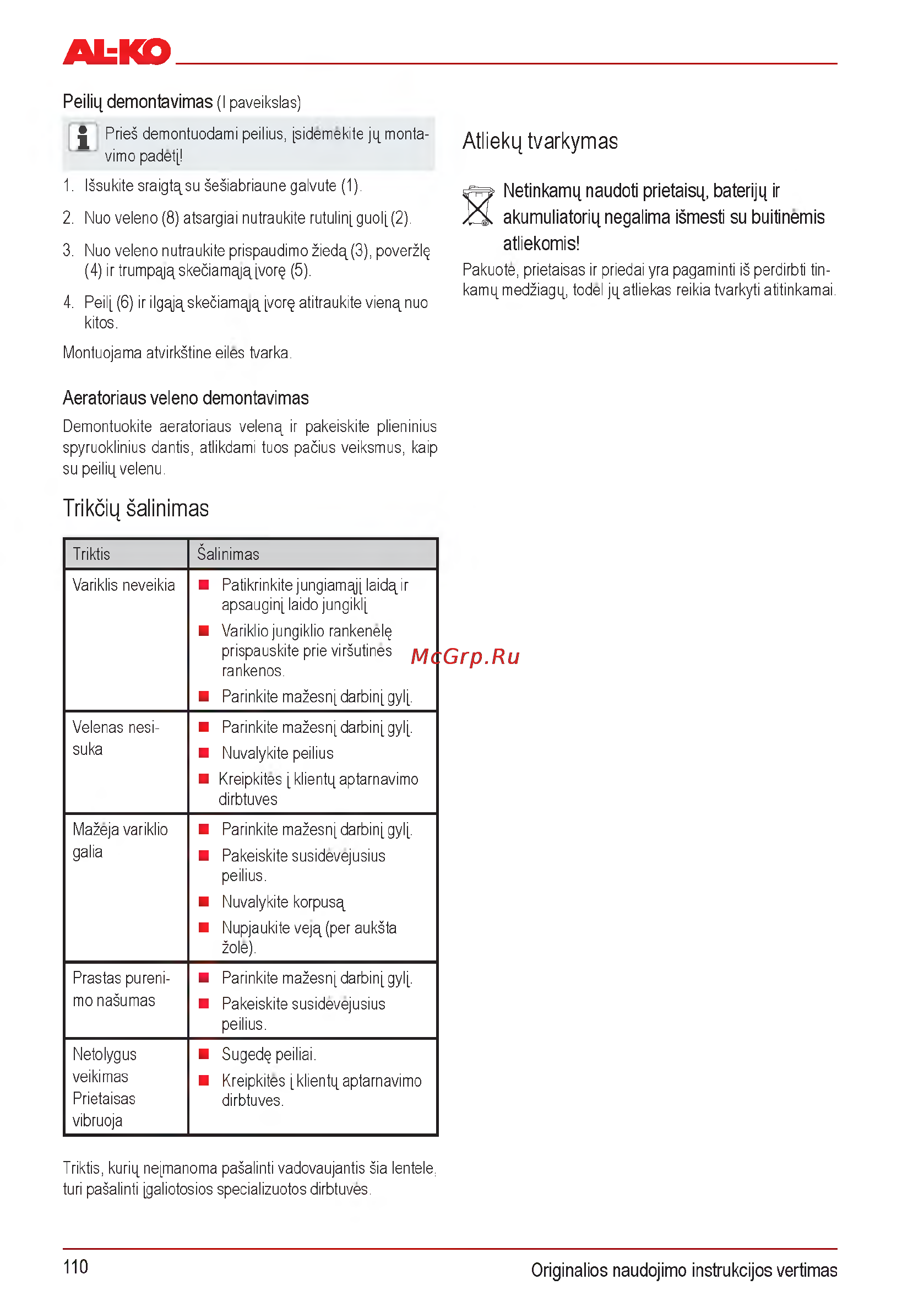 Al-Ko Combi Care 32.3 VLE Comfort [110/148] Atliekq_ tvarkymas