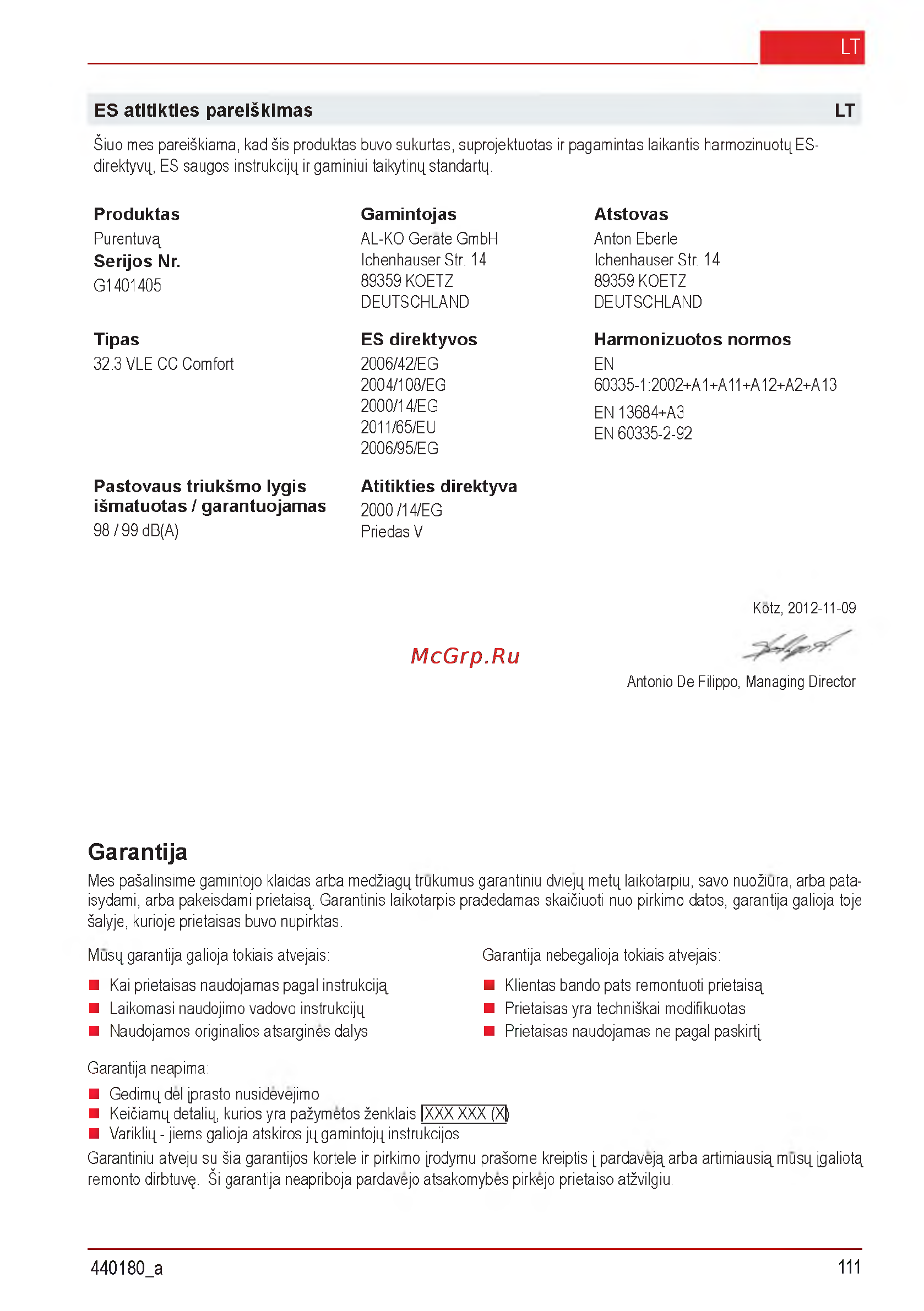 Al-Ko Combi Care 32.3 VLE Comfort [111/148] Garantija