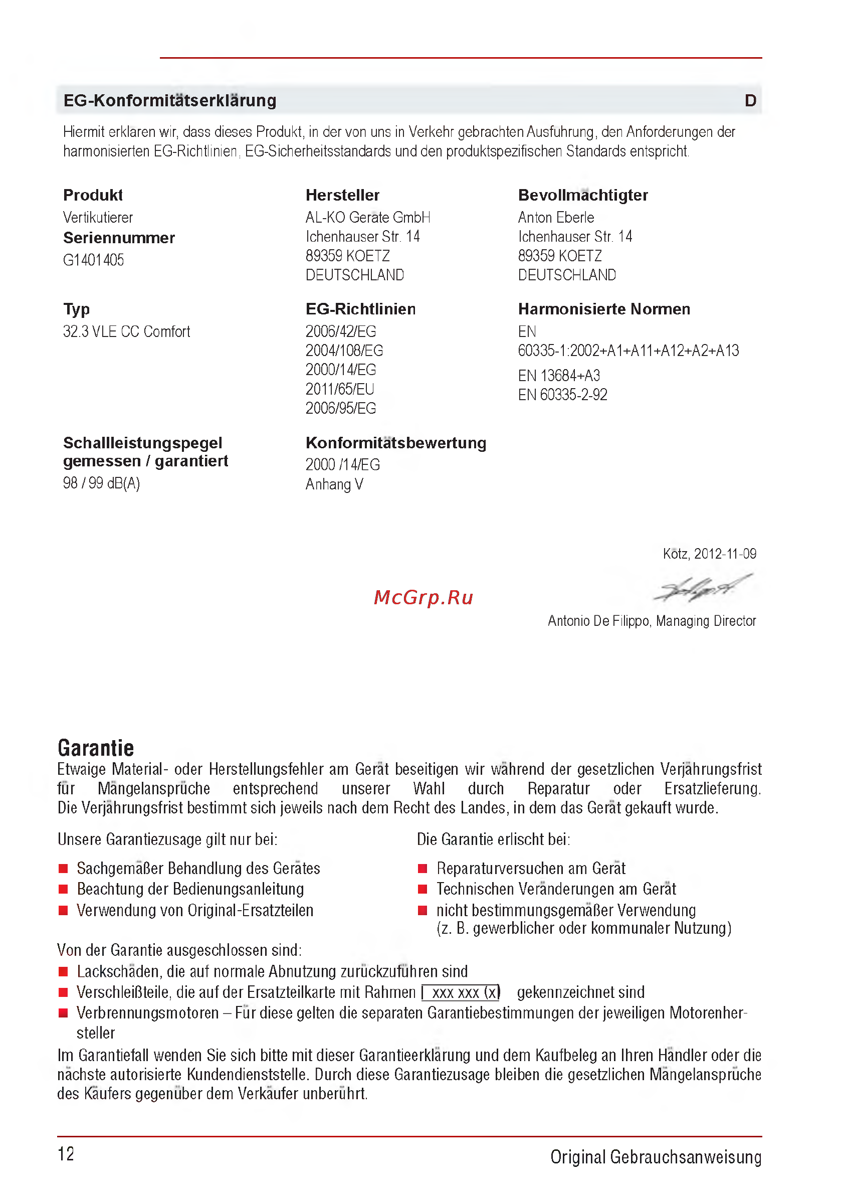 Al-Ko Combi Care 32.3 VLE Comfort [12/148] Garantie
