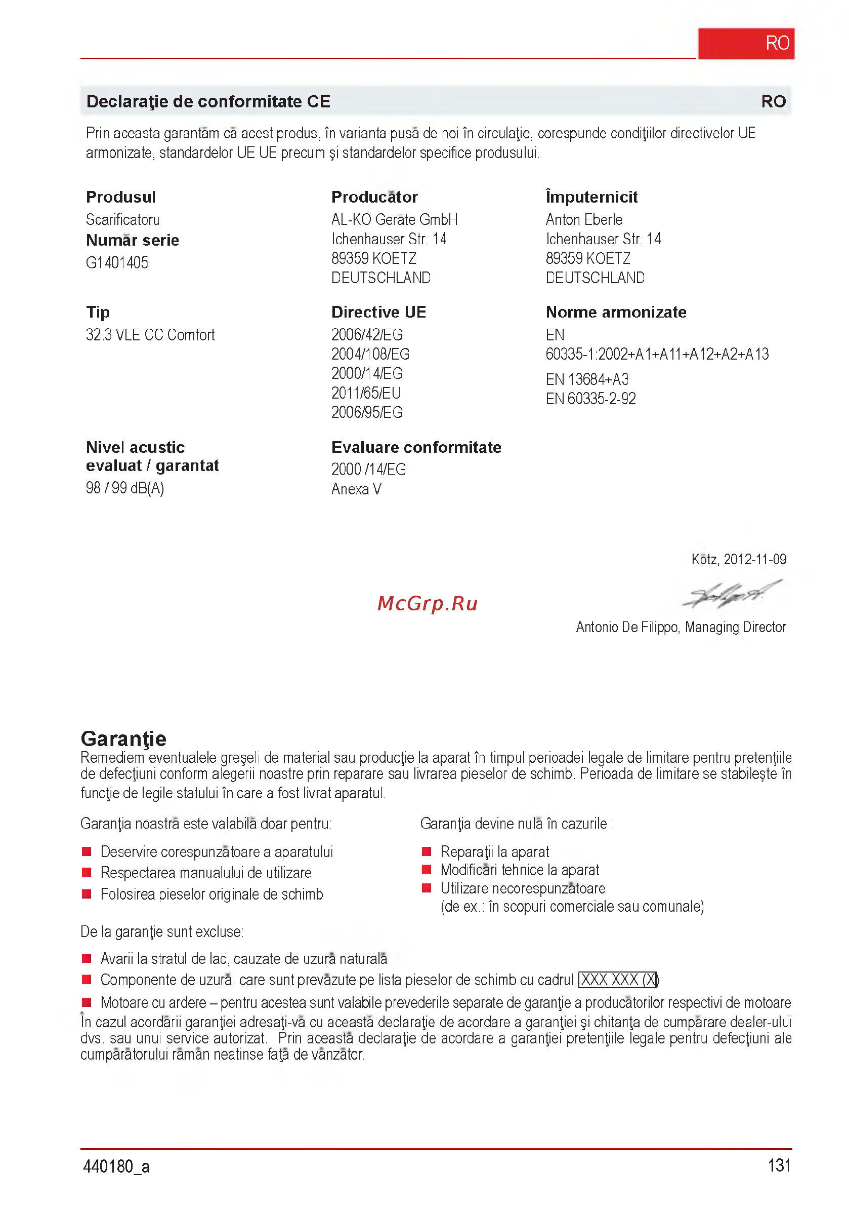 Al-Ko Combi Care 32.3 VLE Comfort [131/148] Garantie