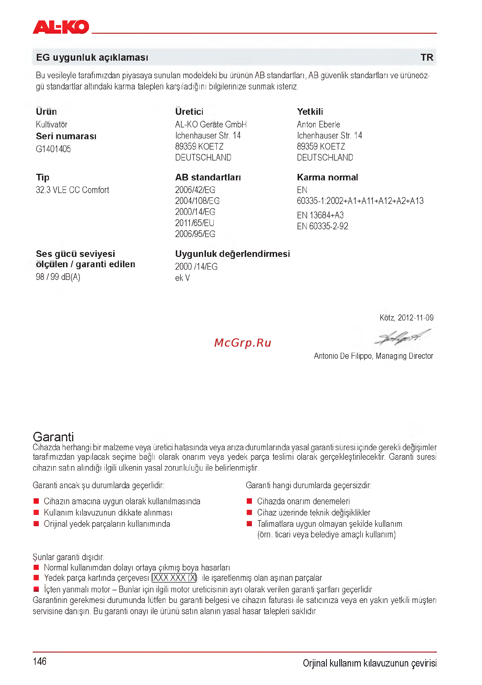 Al-Ko Combi Care 32.3 VLE Comfort [146/148] Garanti