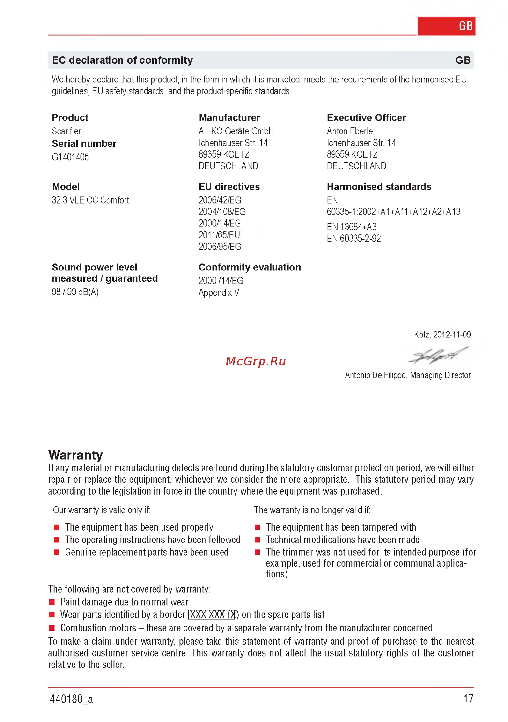 Al-Ko Combi Care 32.3 VLE Comfort [17/148] W arranty