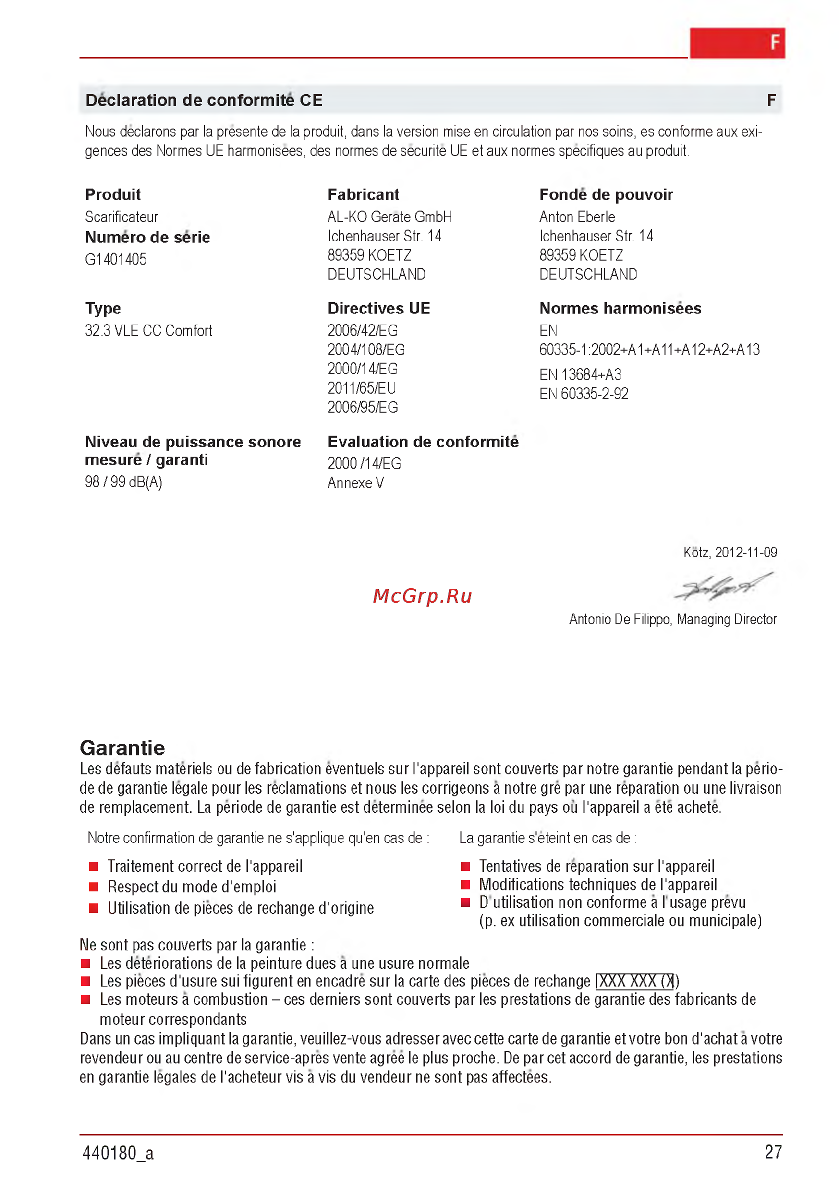 Al-Ko Combi Care 32.3 VLE Comfort [27/148] Garantie