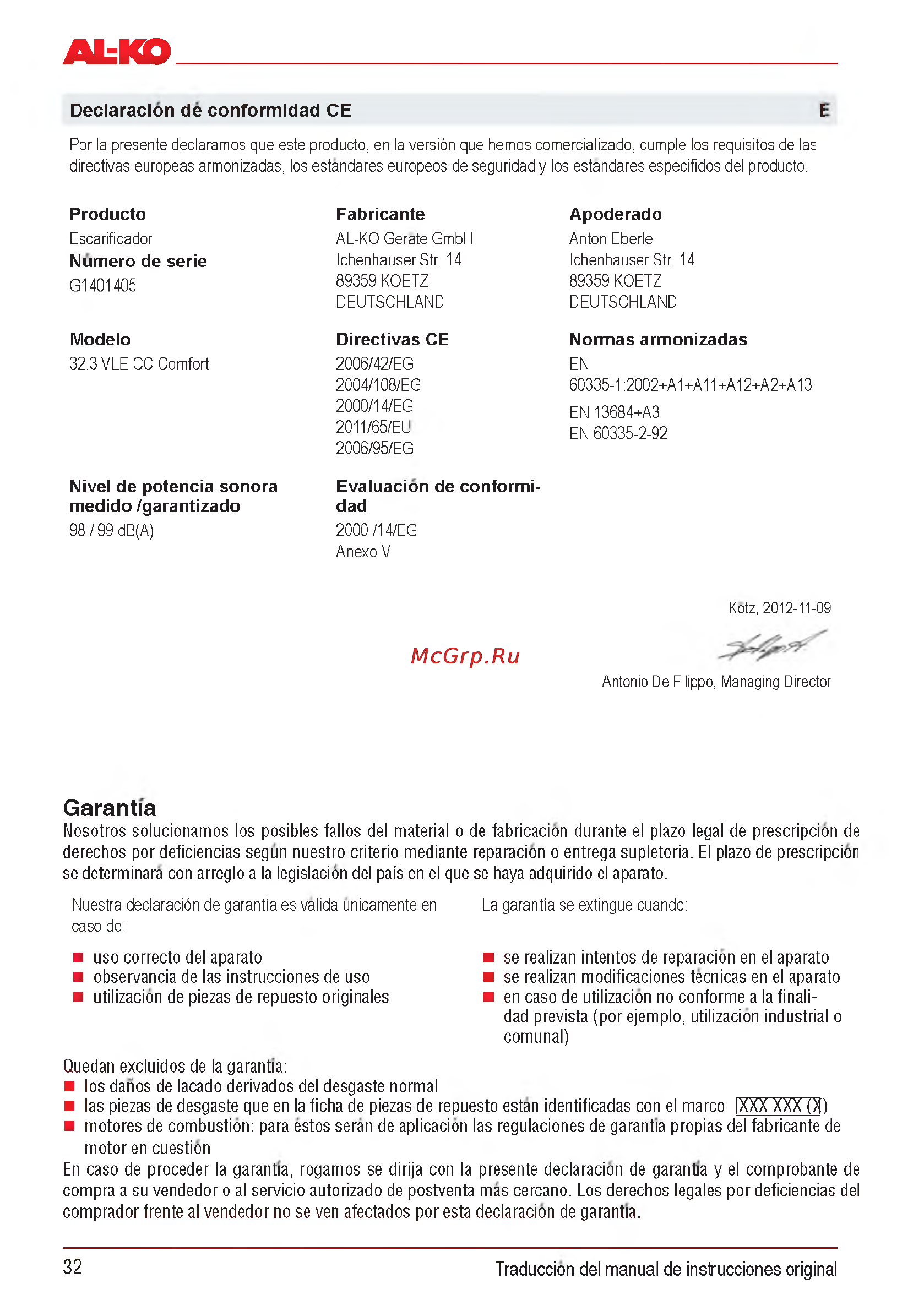 Al-Ko Combi Care 32.3 VLE Comfort [32/148] Garantia