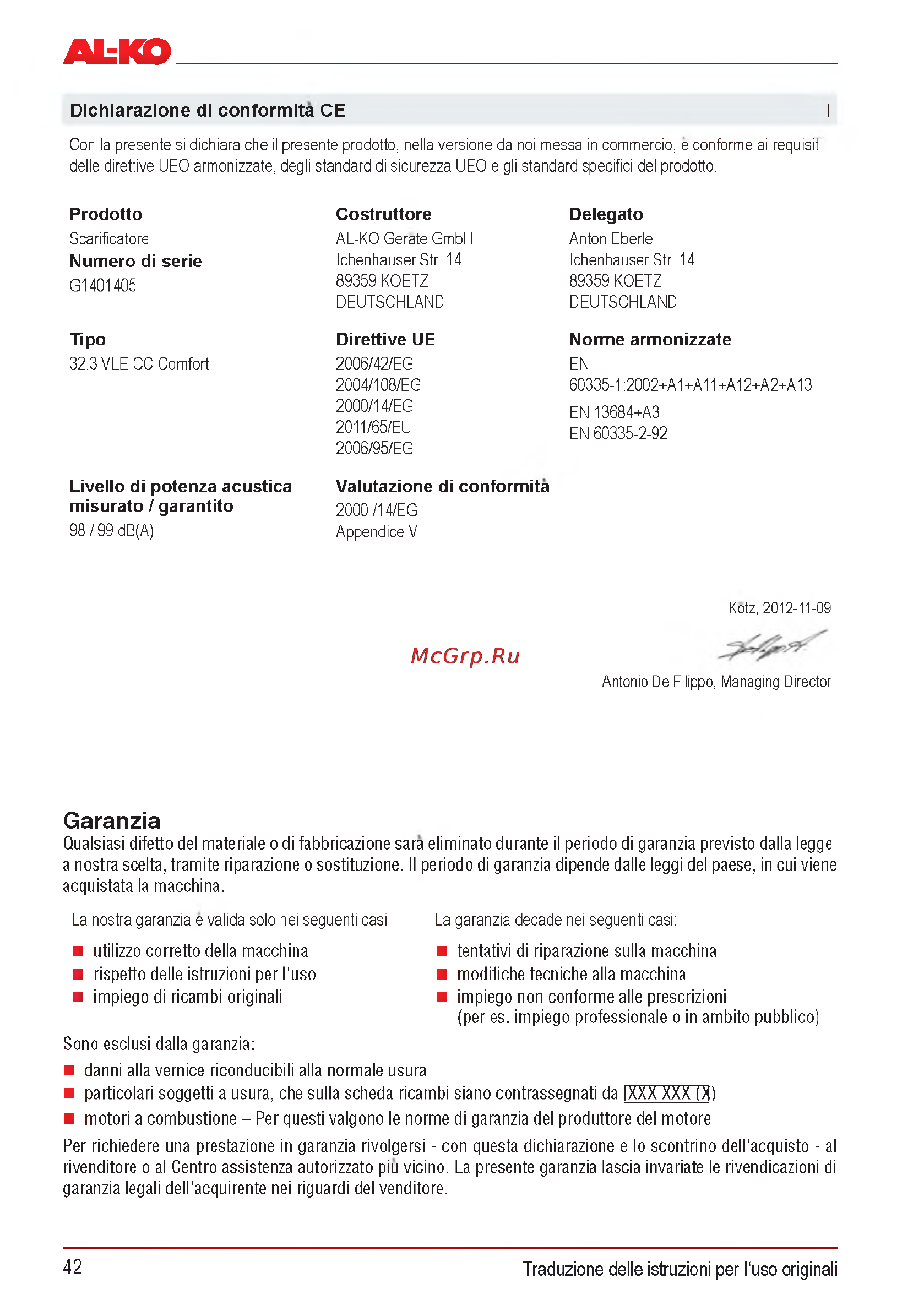 Al-Ko Combi Care 32.3 VLE Comfort [42/148] Garanzia