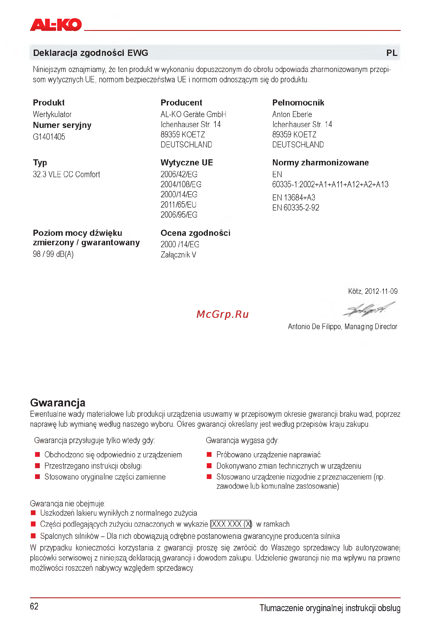 Al-Ko Combi Care 32.3 VLE Comfort [62/148] Gwarancja