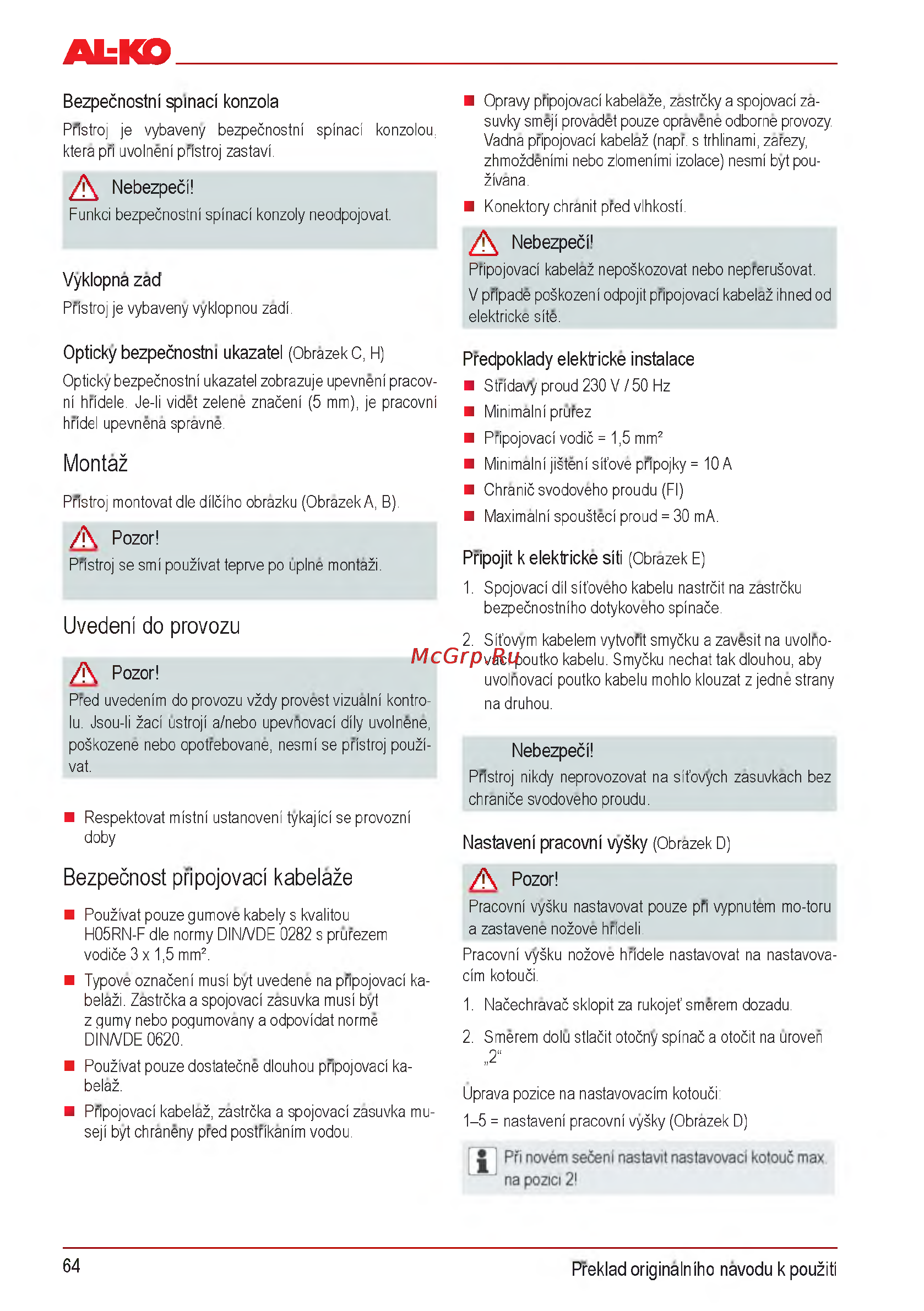 Al-Ko Combi Care 32.3 VLE Comfort [64/148] Bezpečnost pripojovaci kabelaže