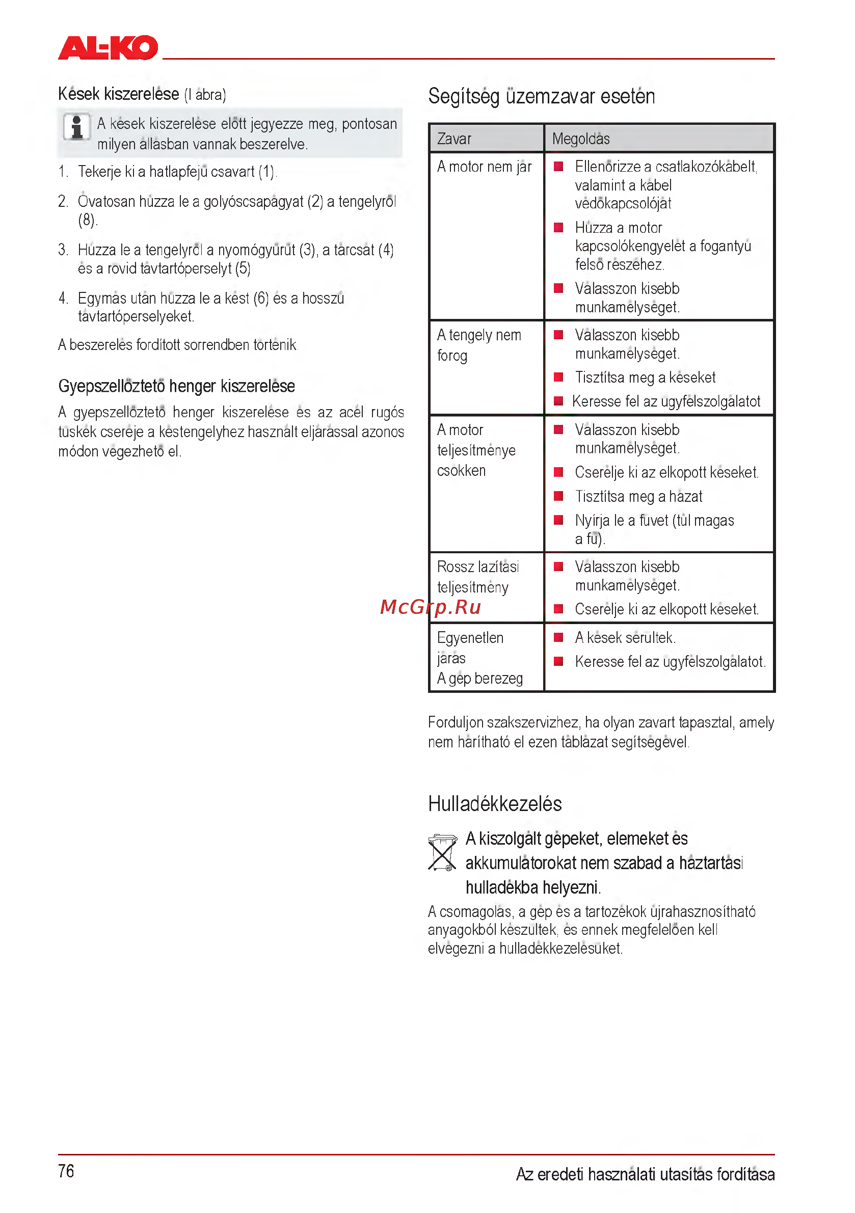 Al-Ko Combi Care 32.3 VLE Comfort [76/148] Hulladekkezeles