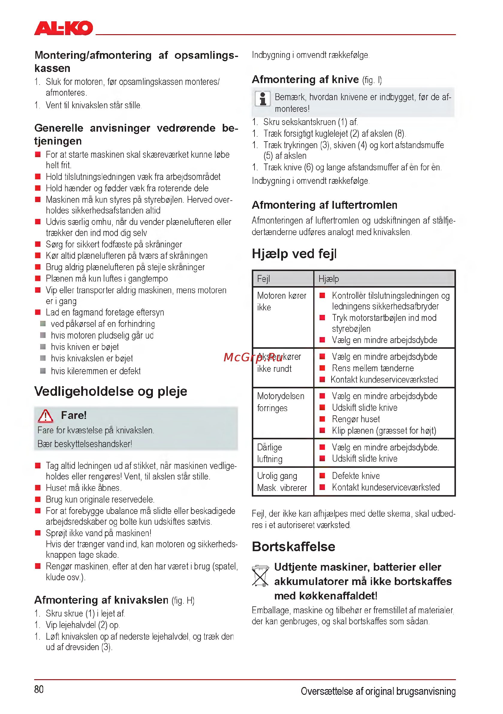 Al-Ko Combi Care 32.3 VLE Comfort [80/148] Bortskaffelse