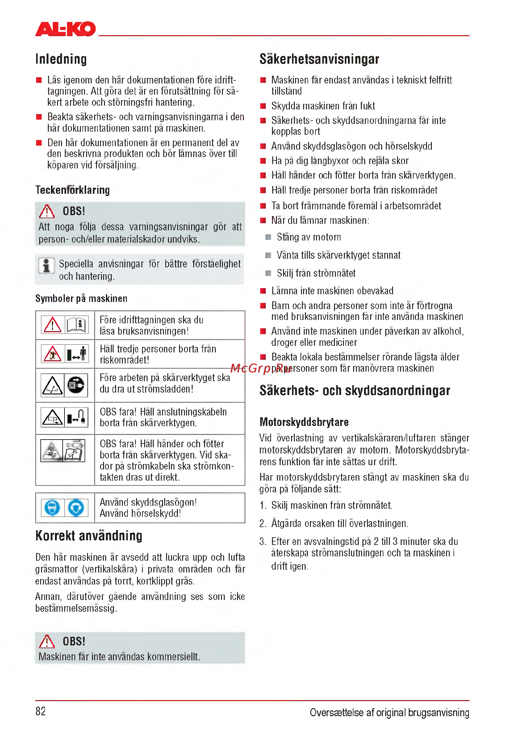 Al-Ko Combi Care 32.3 VLE Comfort [82/148] Inledning sakerhetsanvisningar