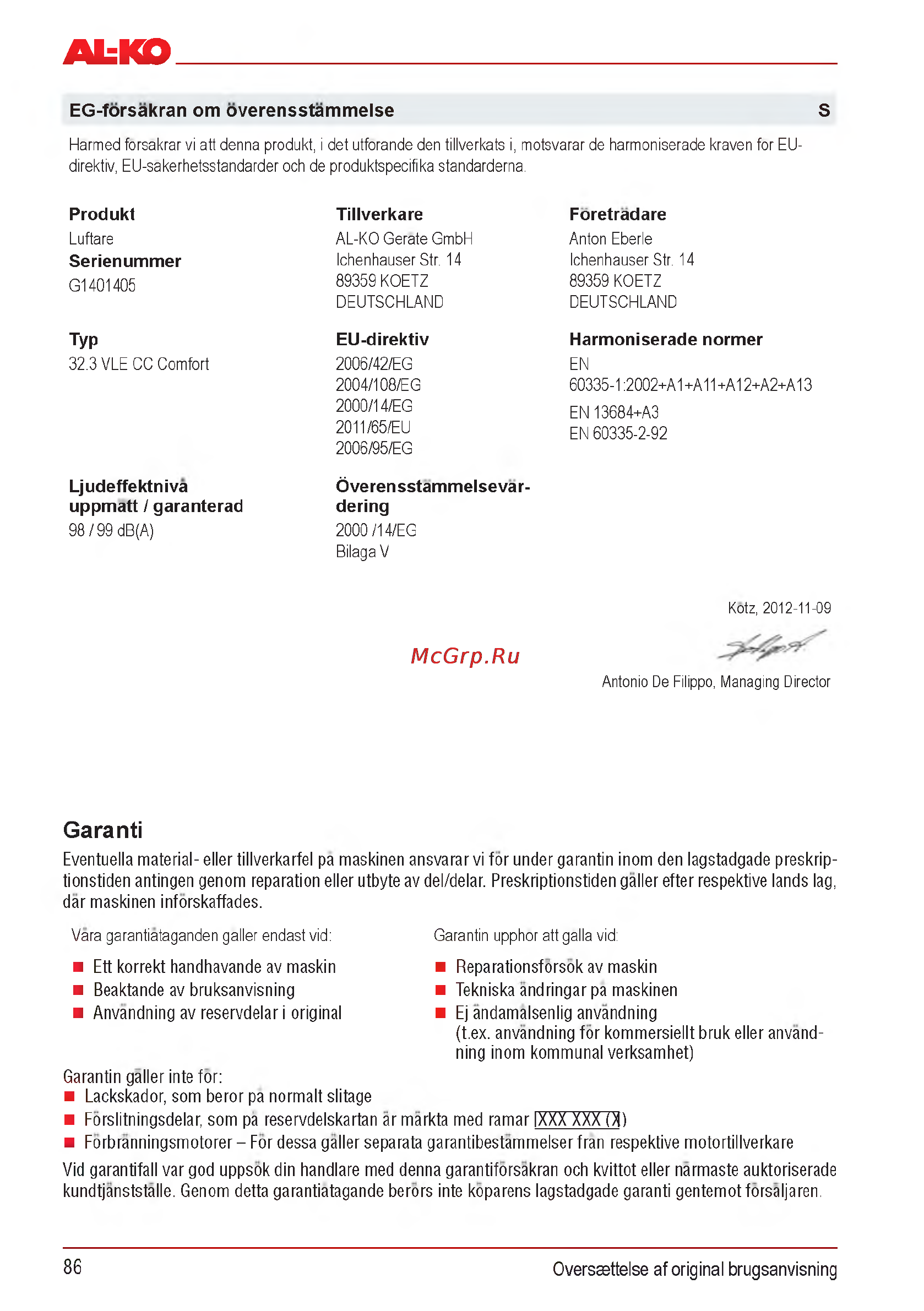 Al-Ko Combi Care 32.3 VLE Comfort [86/148] Garanti