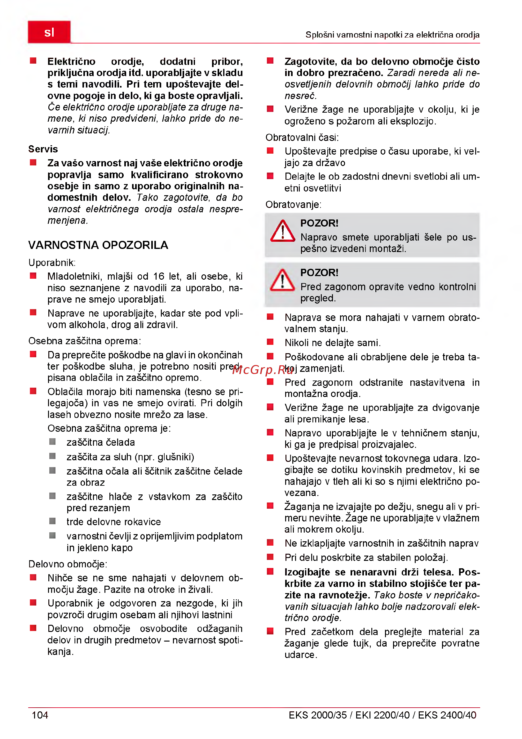 Al-Ko EKI 2200/40 112809 [104/312] Varnostna opozorila