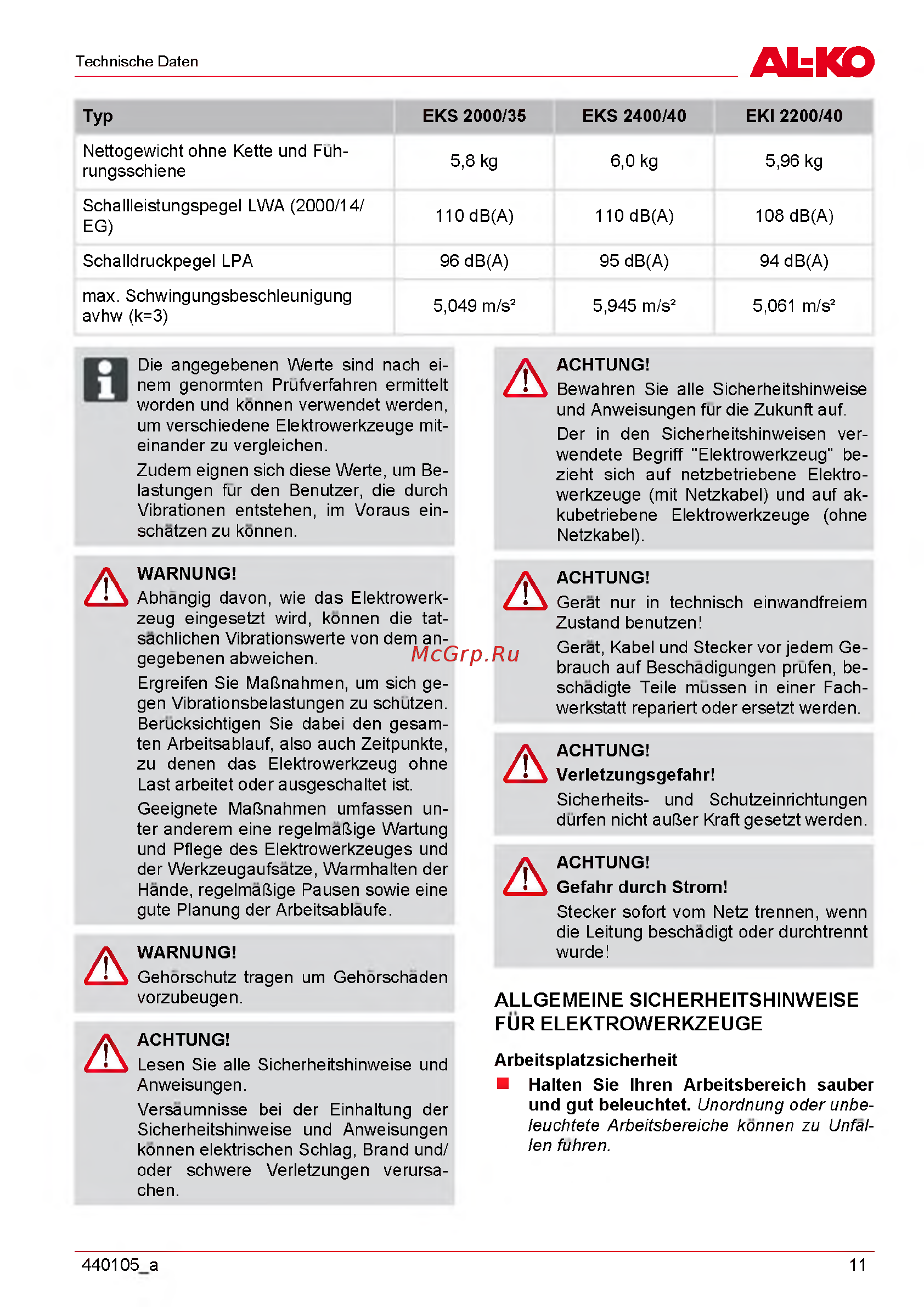 Al-Ko EKS 240040 [11/312] Allgemeine sicherheitshinweise fur elektrowerkzeuge