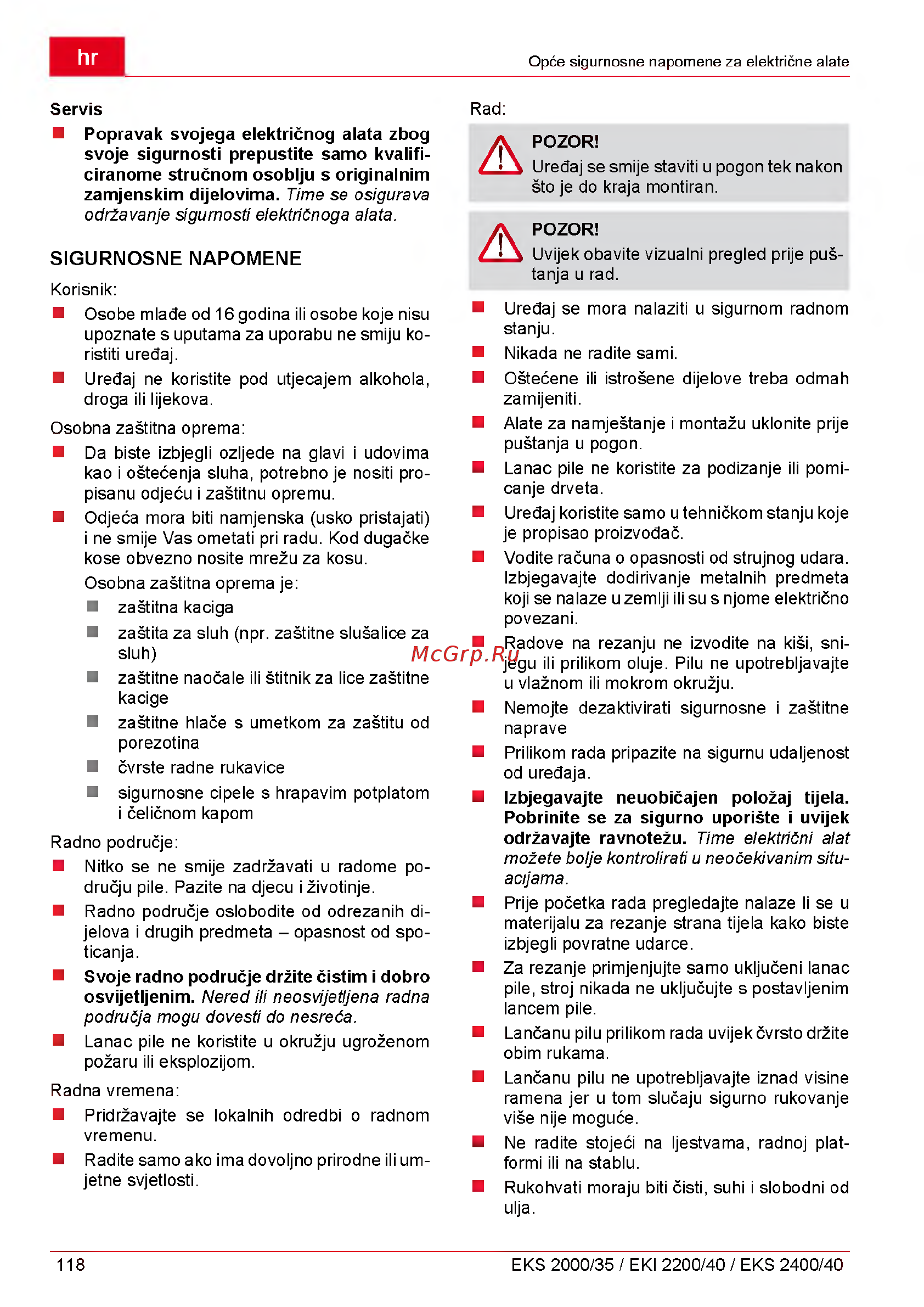Al-Ko EKS 240040 [118/312] Sigurnosne napomene