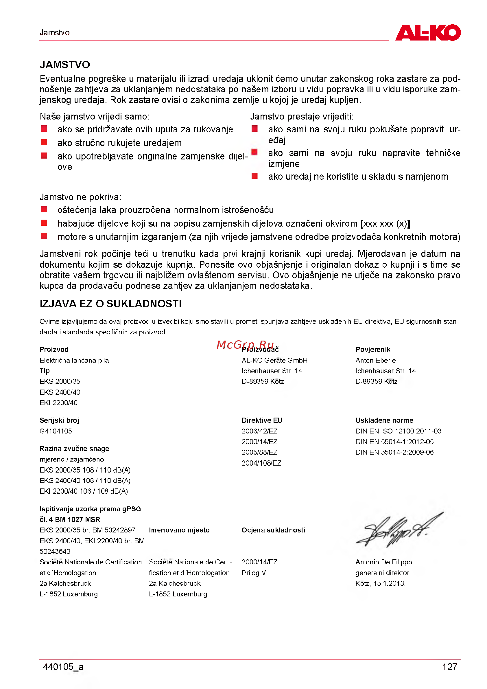 Al-Ko EKI 2200/40 112809 [127/312] Izjava ez o sukladnosti