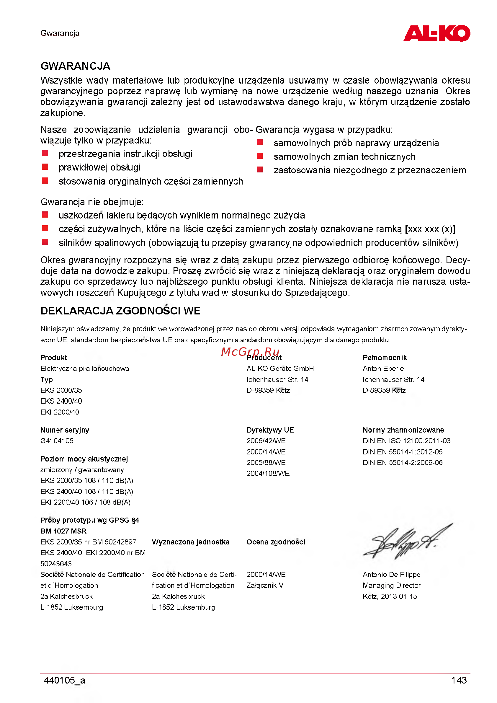 Al-Ko EKS 2000/35 [143/312] Deklaracja zgodnosci we